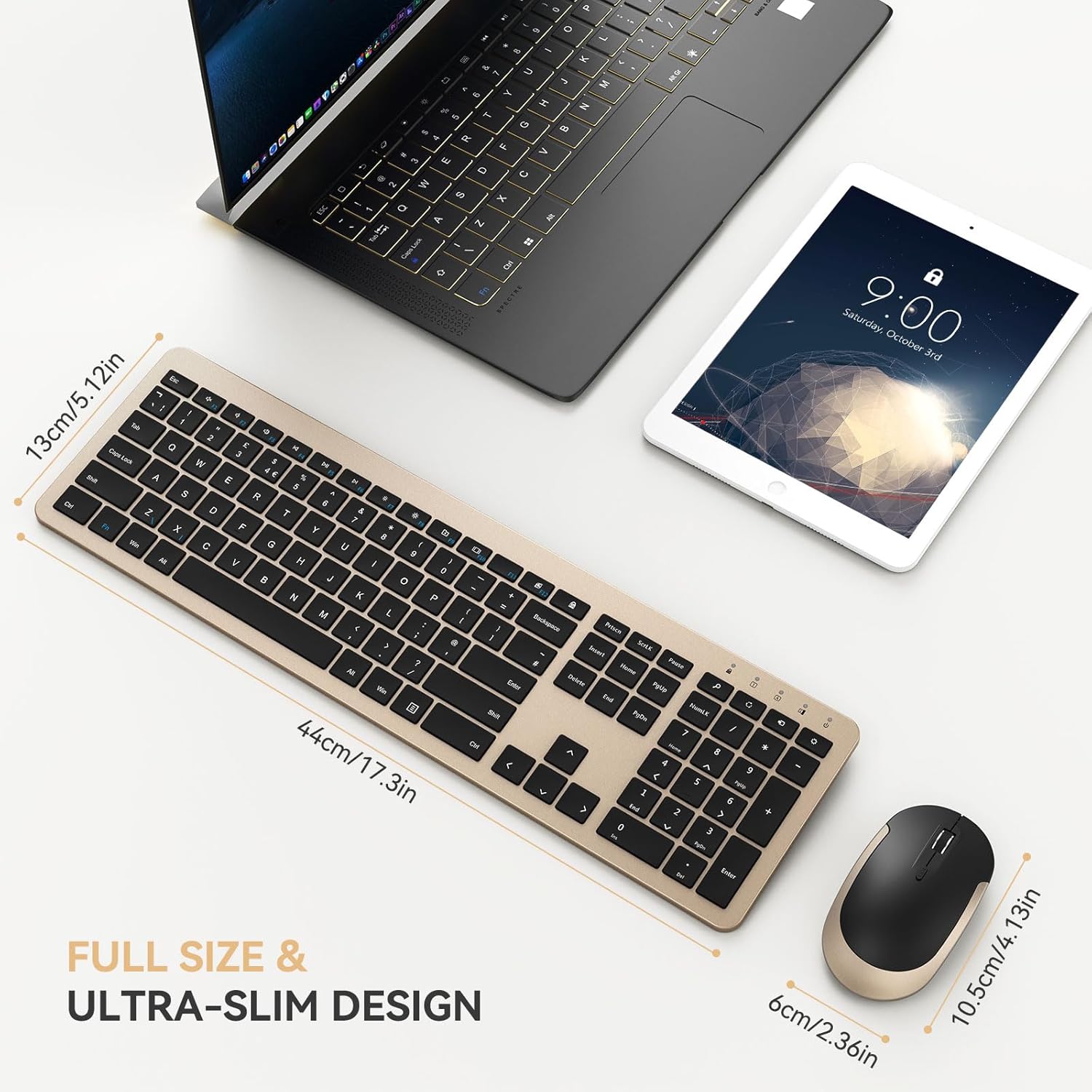 Wireless Keyboard and Mouse Set, seenda Full Size Ultra Slim Quiet USB Keyboard and Mouse QWERTY UK Layout with Numeric Keypad for Windows PC, Laptop, Computer, Black and Gold-4