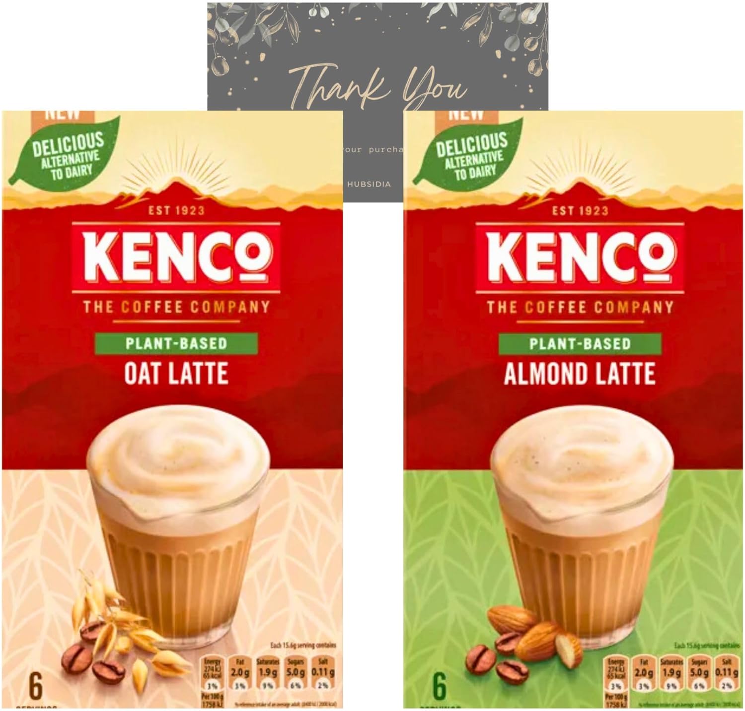 Kenco Plant Based Bundle of 6 x Oat Latte Instant Coffee Sachets and 6 x Almond Latte Instant Coffee Sachets(2 Packs / 12 Sachets) with Hubsidia Thank You Card-0