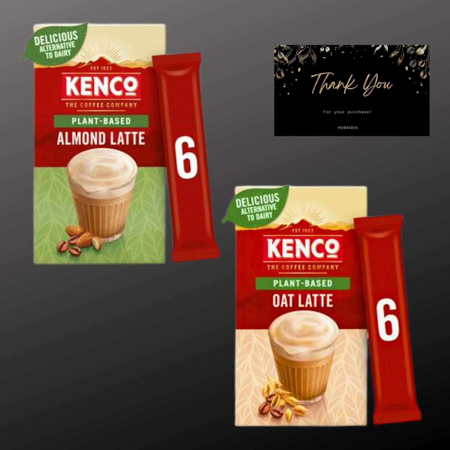 Kenco Plant Based Bundle of 6 x Oat Latte Instant Coffee Sachets and 6 x Almond Latte Instant Coffee Sachets(2 Packs / 12 Sachets) with Hubsidia Thank You Card-1