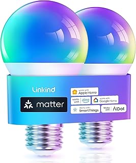 Linkind Matter Smart RGBTW Bulb, E27 Smart Bulb, Smart LED Light Bulbs Screw, 9W, 806lm, Smart Led Bulb with Music Sync,Works with Apple Home/Siri/Google Home/Alexa/SmartThings, 2 Pack