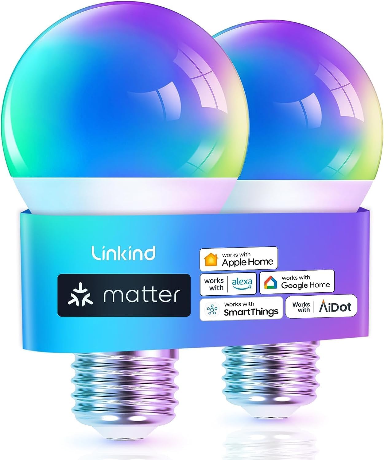 Linkind Matter Smart RGBTW Bulb, E27 Smart Bulb, Smart LED Light Bulbs Screw, 9W, 806lm, Smart Led Bulb with Music Sync,Works with Apple Home/Siri/Google Home/Alexa/SmartThings, 2 Pack-0