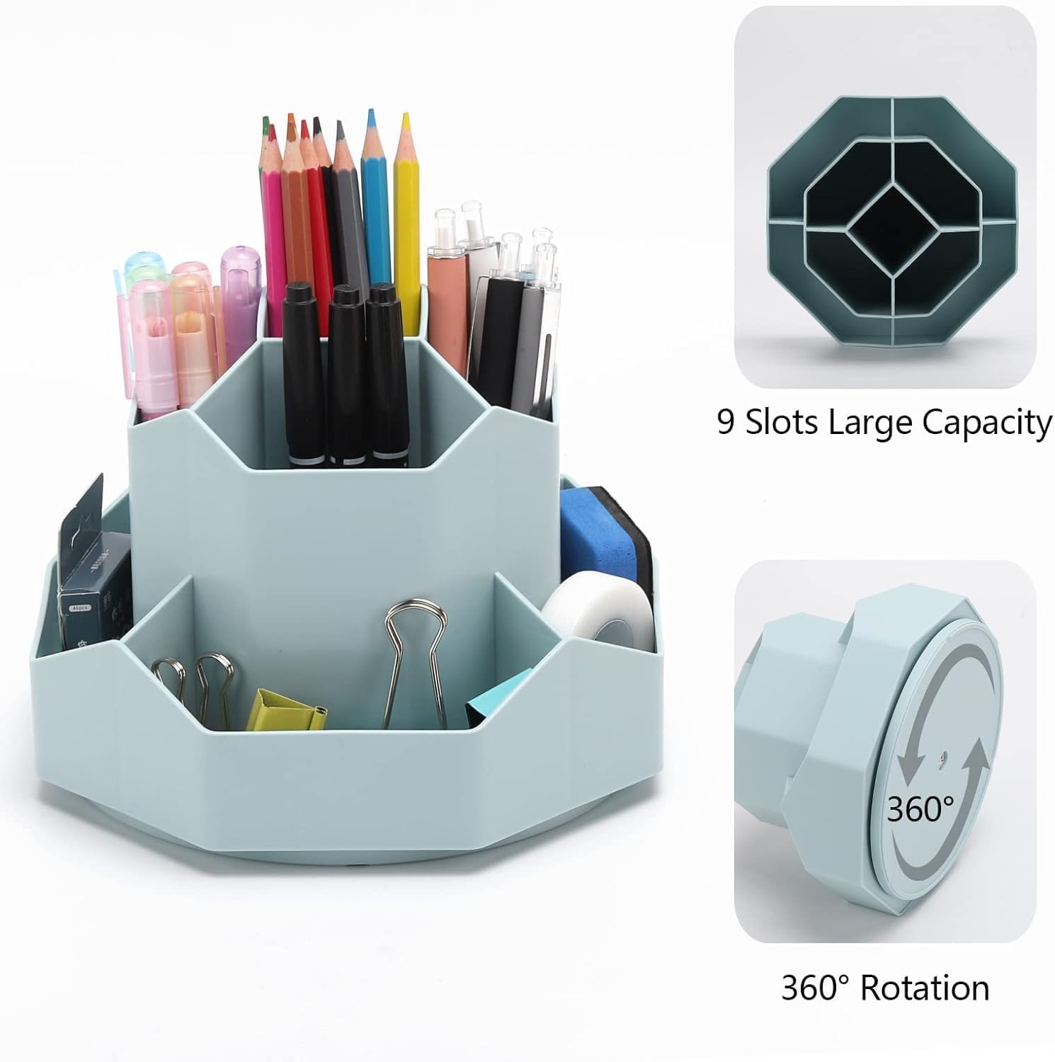 ALIINK Pencil Pen Holder for Desk, 9 Slots 360 Degree Rotating Desk Organizer, Desktop Storage Pen Organizers Stationery Supplies, Cute Pencil Cup Pot for Office School Home & Art Supplies (Blue)-3