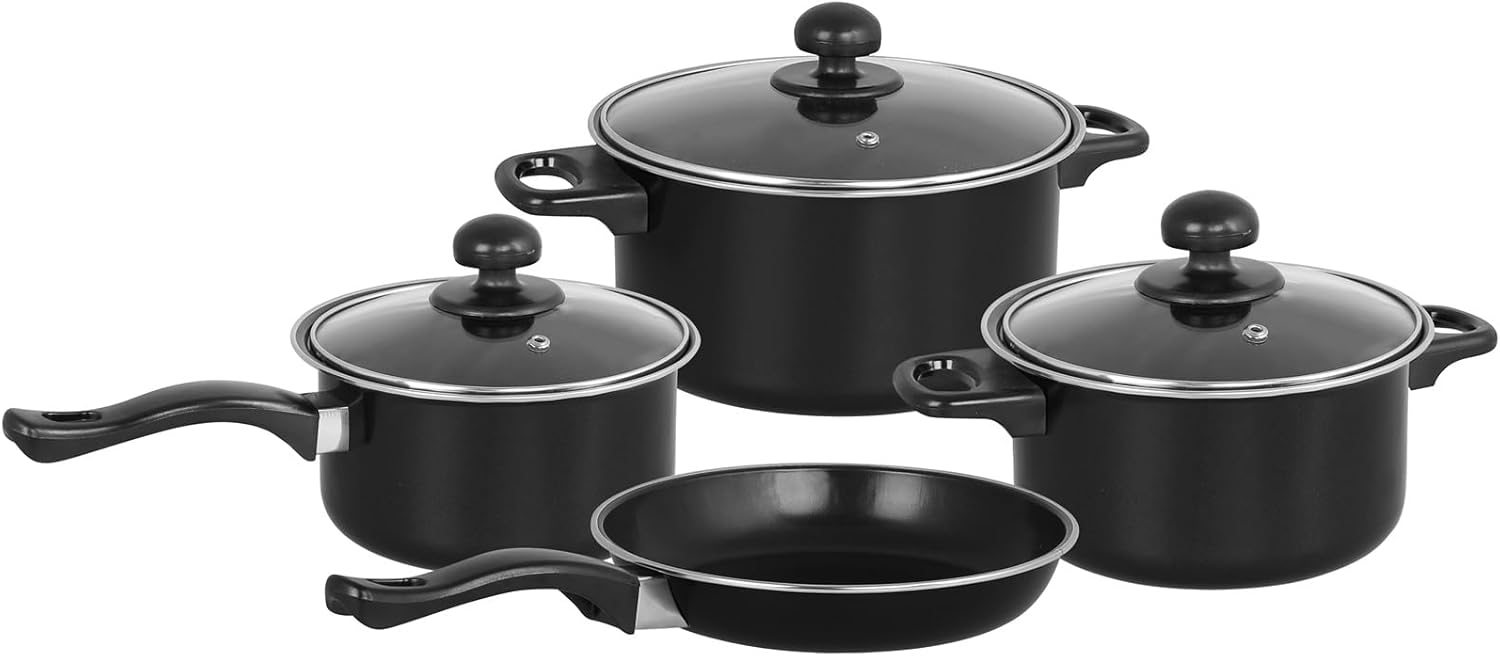 Gr8 Home 7 Piece Non Stick Kitchen Cookware Set Cooking Pot Frying Pan Saucepan with Glass Lids (Black)-0