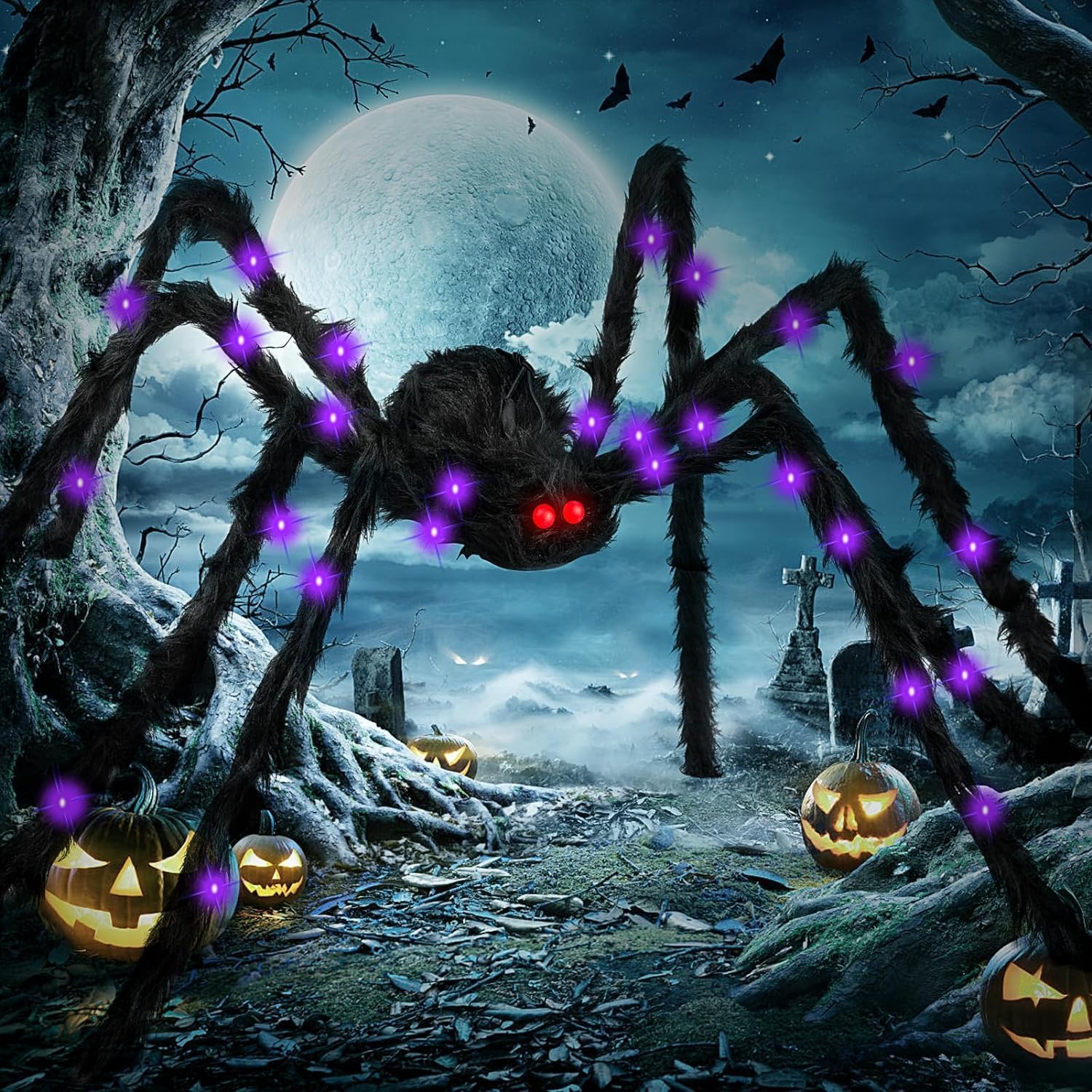 sanjianke-fs Halloween Decoration Spider 150CM Light Up Giant Big Spider for Indoor Outdoor Halloween Decoration Garden Home Haunted House Decoration-0