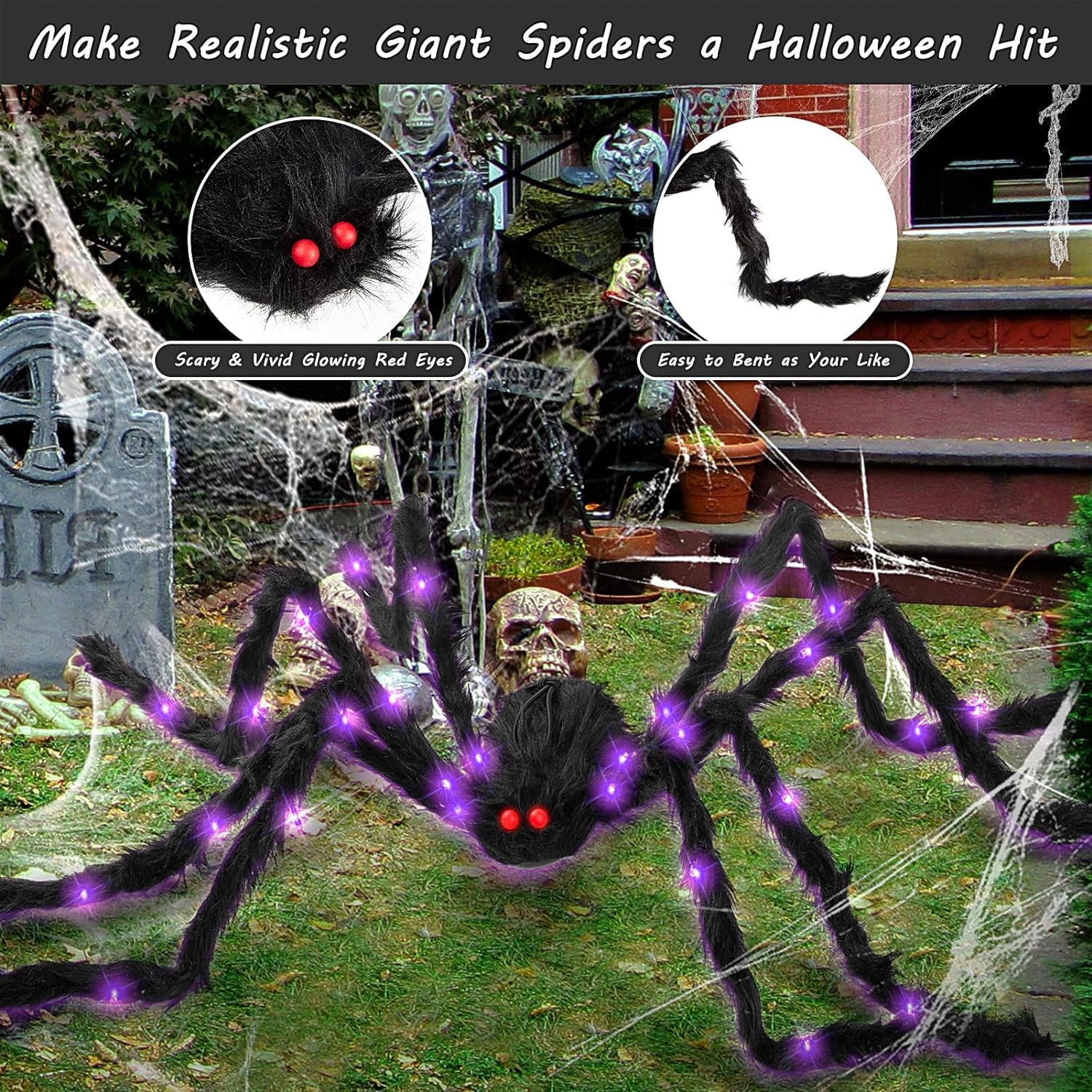 sanjianke-fs Halloween Decoration Spider 150CM Light Up Giant Big Spider for Indoor Outdoor Halloween Decoration Garden Home Haunted House Decoration-2