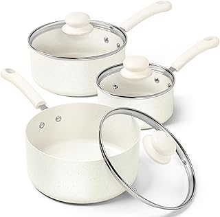 MICHELANGELO Saucepan Sets, Non Stick Saucepans Set, Saucepans with Lid 14cm, 18cm, 20cm, Cooking Pots Set with Lid & Ergonomic Handle, White Granite