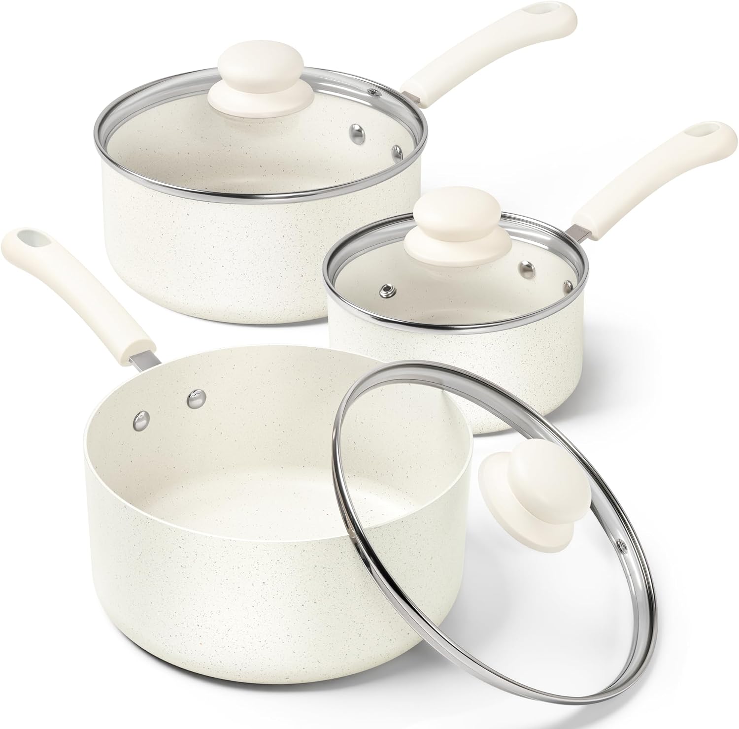 MICHELANGELO Saucepan Sets, Non Stick Saucepans Set, Saucepans with Lid 14cm, 18cm, 20cm, Cooking Pots Set with Lid & Ergonomic Handle, White Granite-0