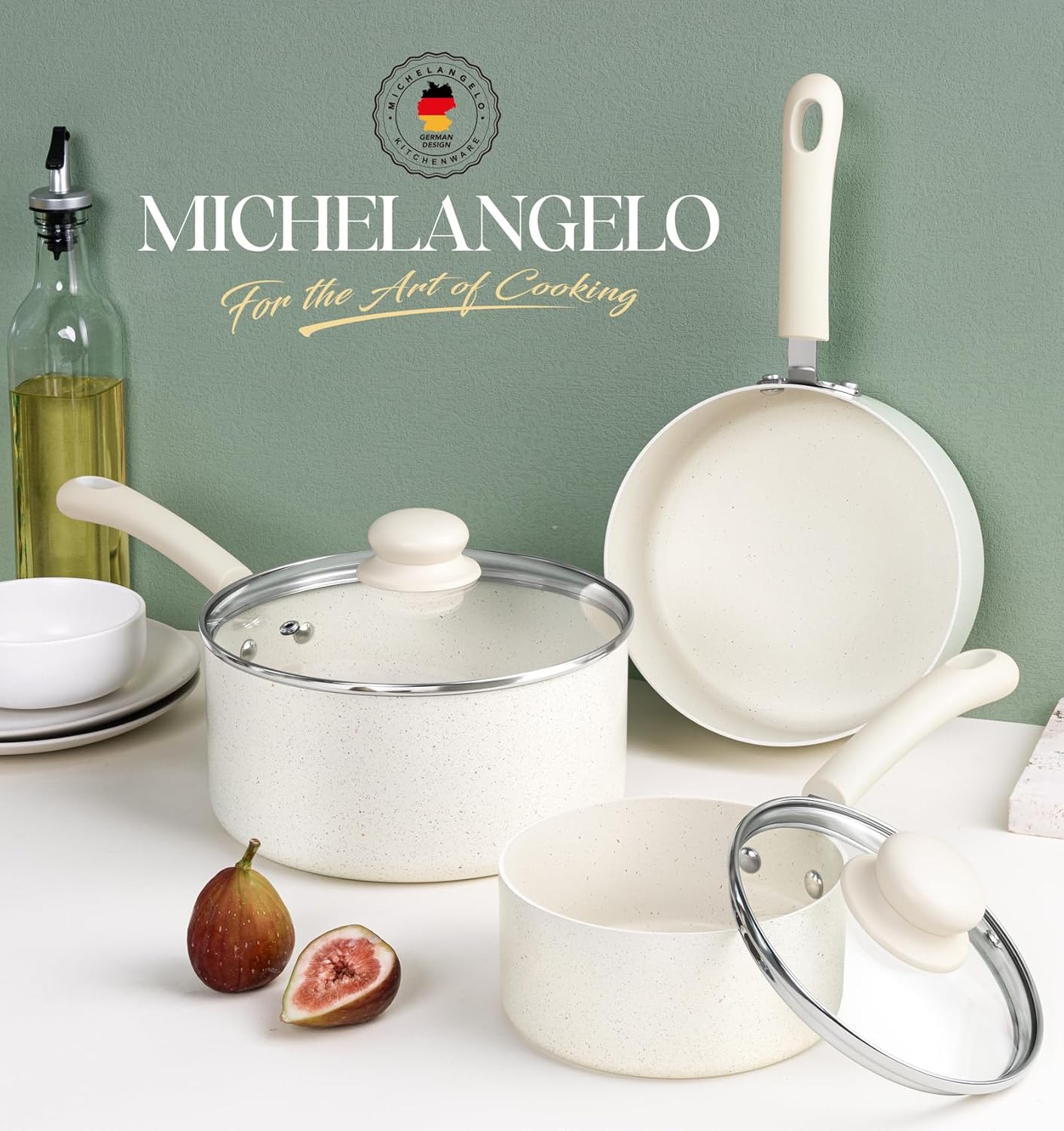 MICHELANGELO Saucepan Sets, Non Stick Saucepans Set, Saucepans with Lid 14cm, 18cm, 20cm, Cooking Pots Set with Lid & Ergonomic Handle, White Granite-5