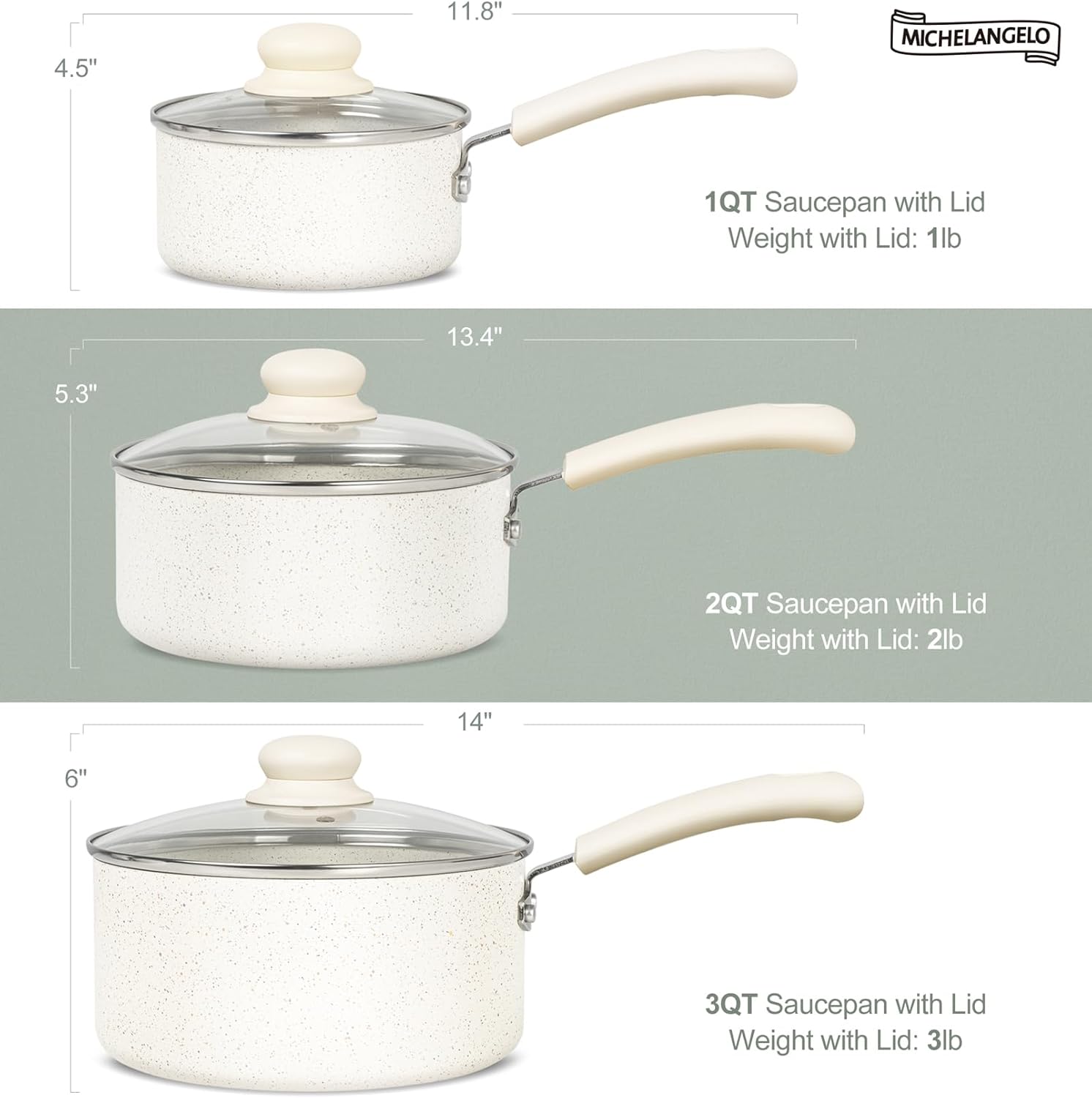 MICHELANGELO Saucepan Sets, Non Stick Saucepans Set, Saucepans with Lid 14cm, 18cm, 20cm, Cooking Pots Set with Lid & Ergonomic Handle, White Granite-6