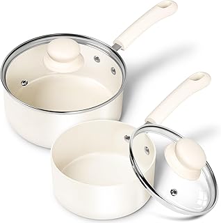 MICHELANGELO Saucepan Set 14cm, 18cm, Ceramic Saucepan Set with Nonstick Coatings, Saucepan Sets Non Stick with Lids, PFAS-Free, Multipurpose Small Sauepan Sets, Cream White