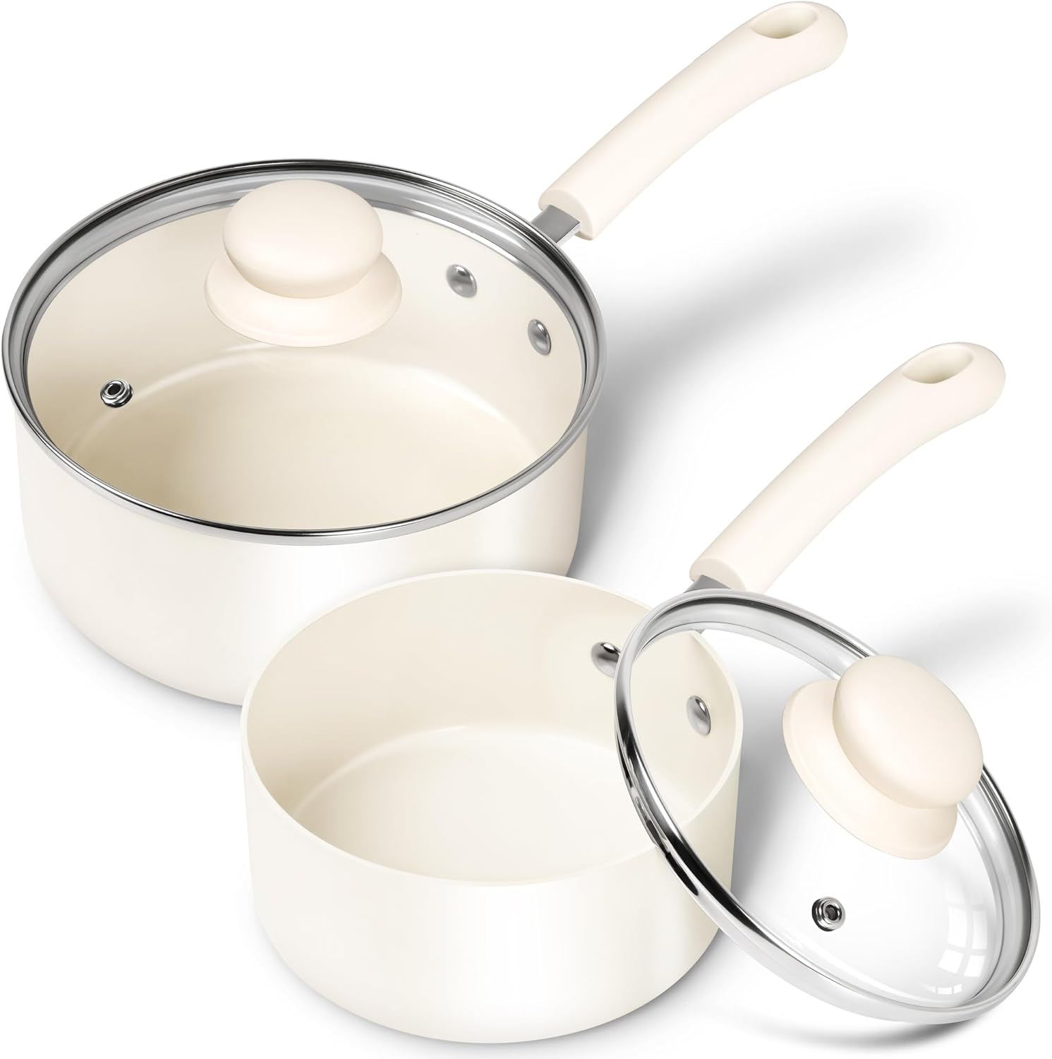 MICHELANGELO Saucepan Set 14cm, 18cm, Ceramic Saucepan Set with Nonstick Coatings, Saucepan Sets Non Stick with Lids, PFAS-Free, Multipurpose Small Sauepan Sets, Cream White-0