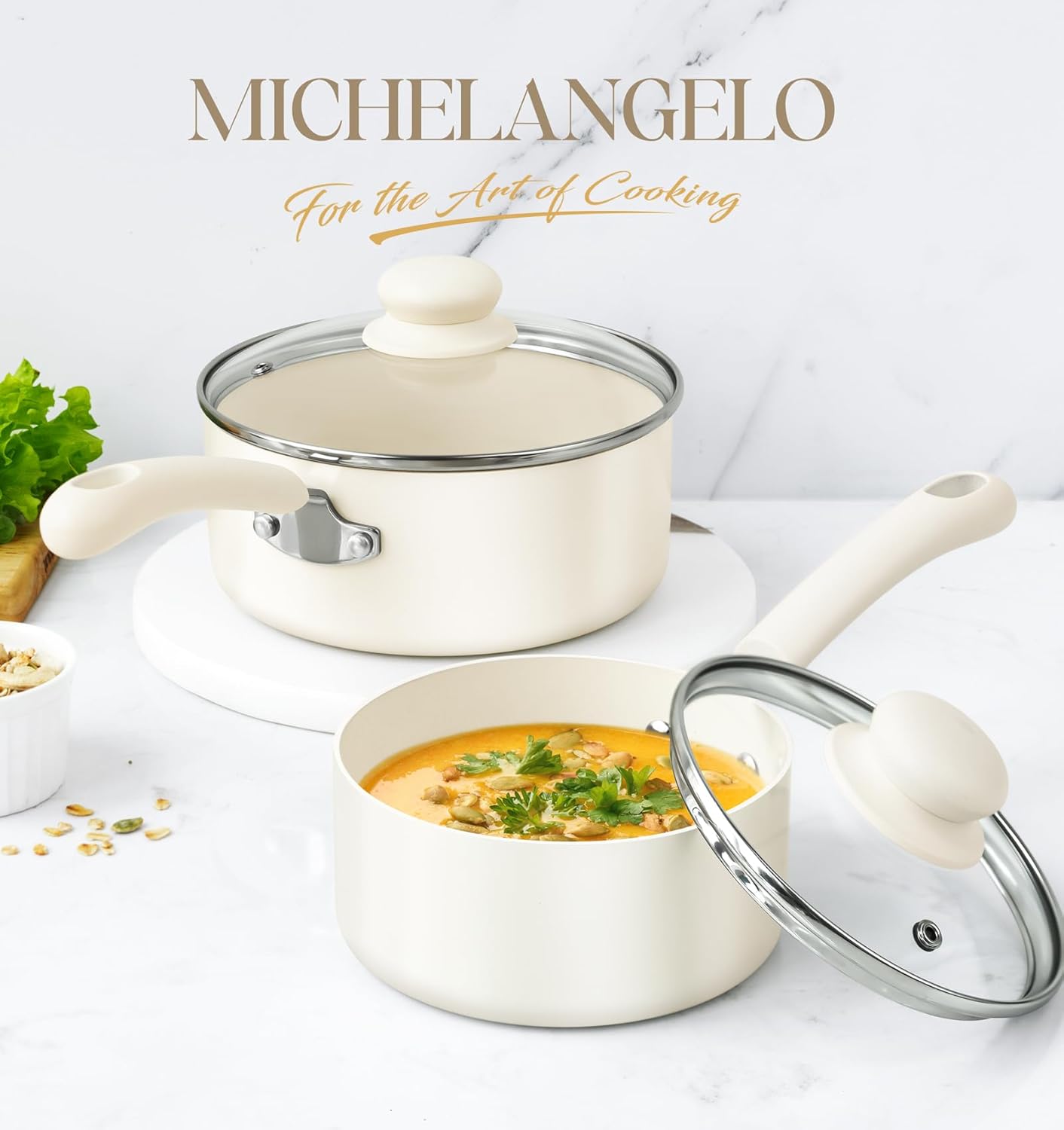 MICHELANGELO Saucepan Set 14cm, 18cm, Ceramic Saucepan Set with Nonstick Coatings, Saucepan Sets Non Stick with Lids, PFAS-Free, Multipurpose Small Sauepan Sets, Cream White-5