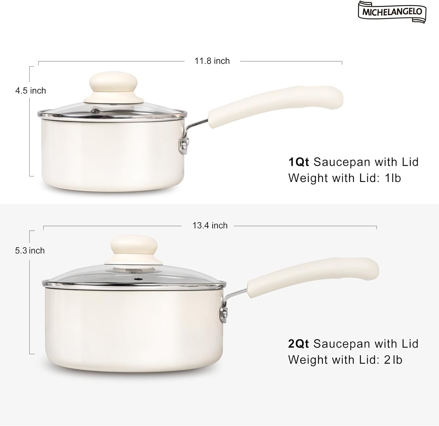 MICHELANGELO Saucepan Set 14cm, 18cm, Ceramic Saucepan Set with Nonstick Coatings, Saucepan Sets Non Stick with Lids, PFAS-Free, Multipurpose Small Sauepan Sets, Cream White-6