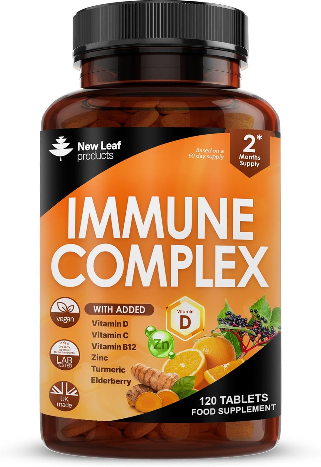 Vitamin D Tablets - Immune Booster Complex - Enriched with Immune System Vitamins C, D, B12, Zinc, Turmeric & Elderberry - Immune Support Made in The UK Immunity Booster by New Leaf 120 Tablets-0