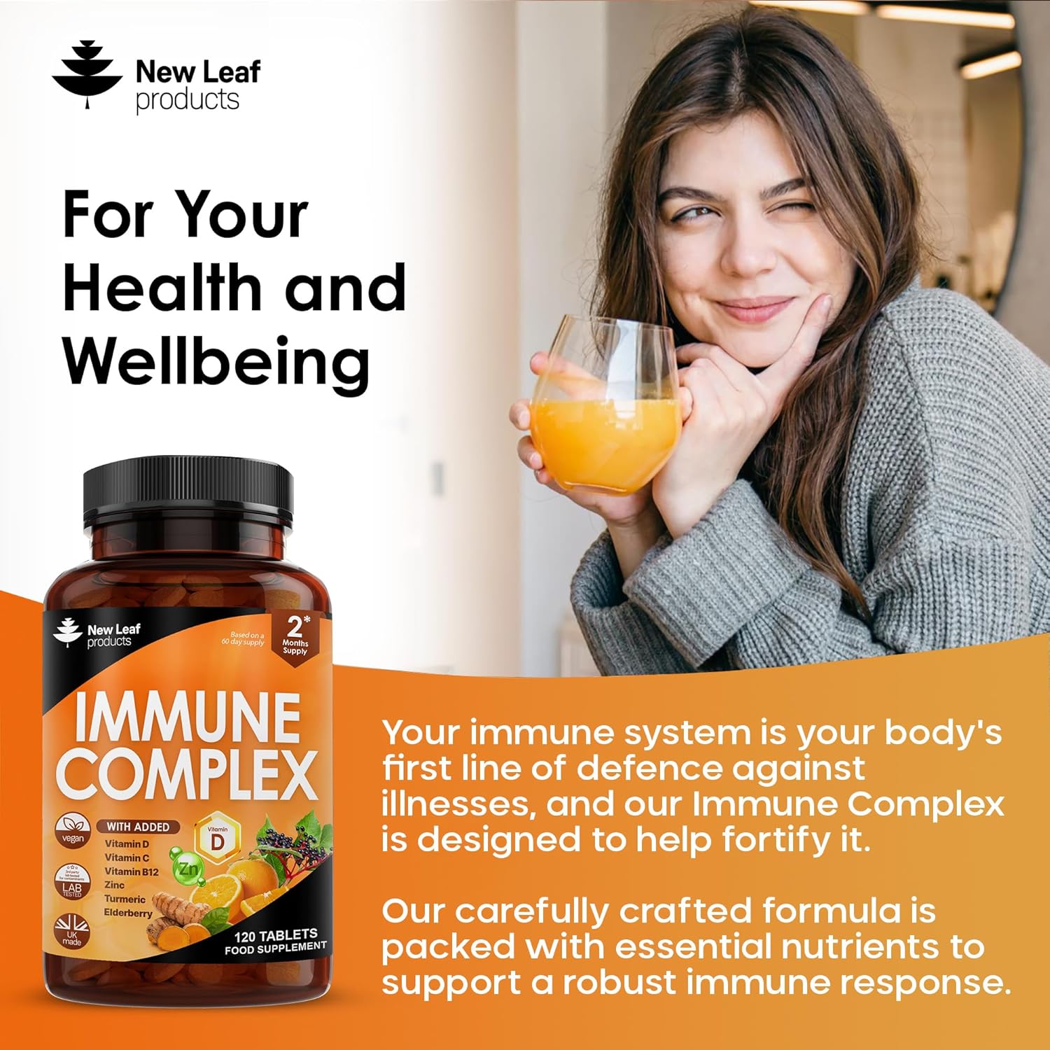 Vitamin D Tablets - Immune Booster Complex - Enriched with Immune System Vitamins C, D, B12, Zinc, Turmeric & Elderberry - Immune Support Made in The UK Immunity Booster by New Leaf 120 Tablets-2