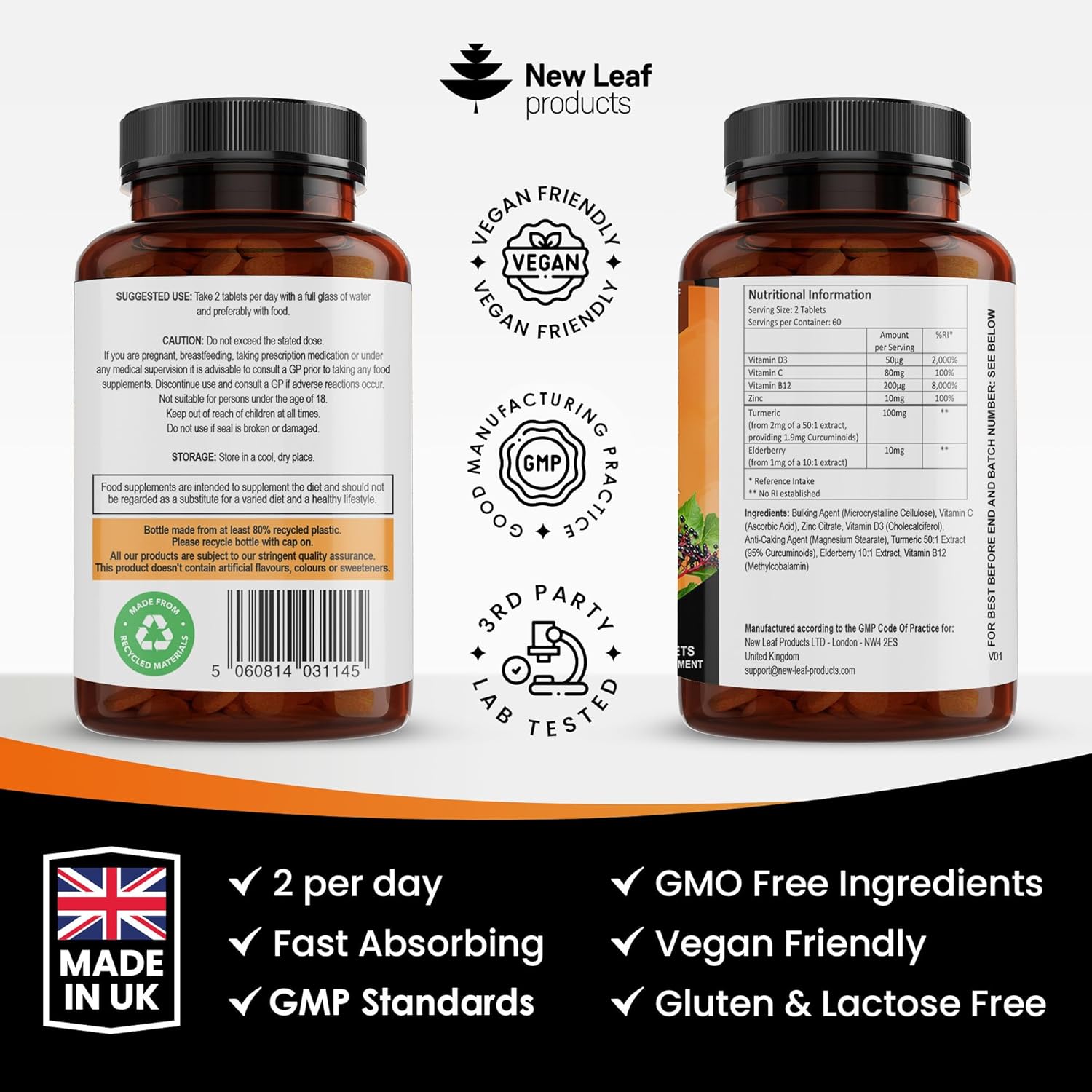 Vitamin D Tablets - Immune Booster Complex - Enriched with Immune System Vitamins C, D, B12, Zinc, Turmeric & Elderberry - Immune Support Made in The UK Immunity Booster by New Leaf 120 Tablets-5