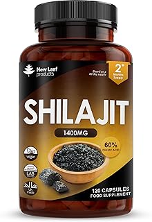 Shilajit Capsules 1400mg 60% Fulvic Acid Pure Shilajit - High Strength Himilayan Shilajit, 2 Months Supply Shalajit Resin - Made in The UK Shilajit Supplement by New Leaf 120 Capsules