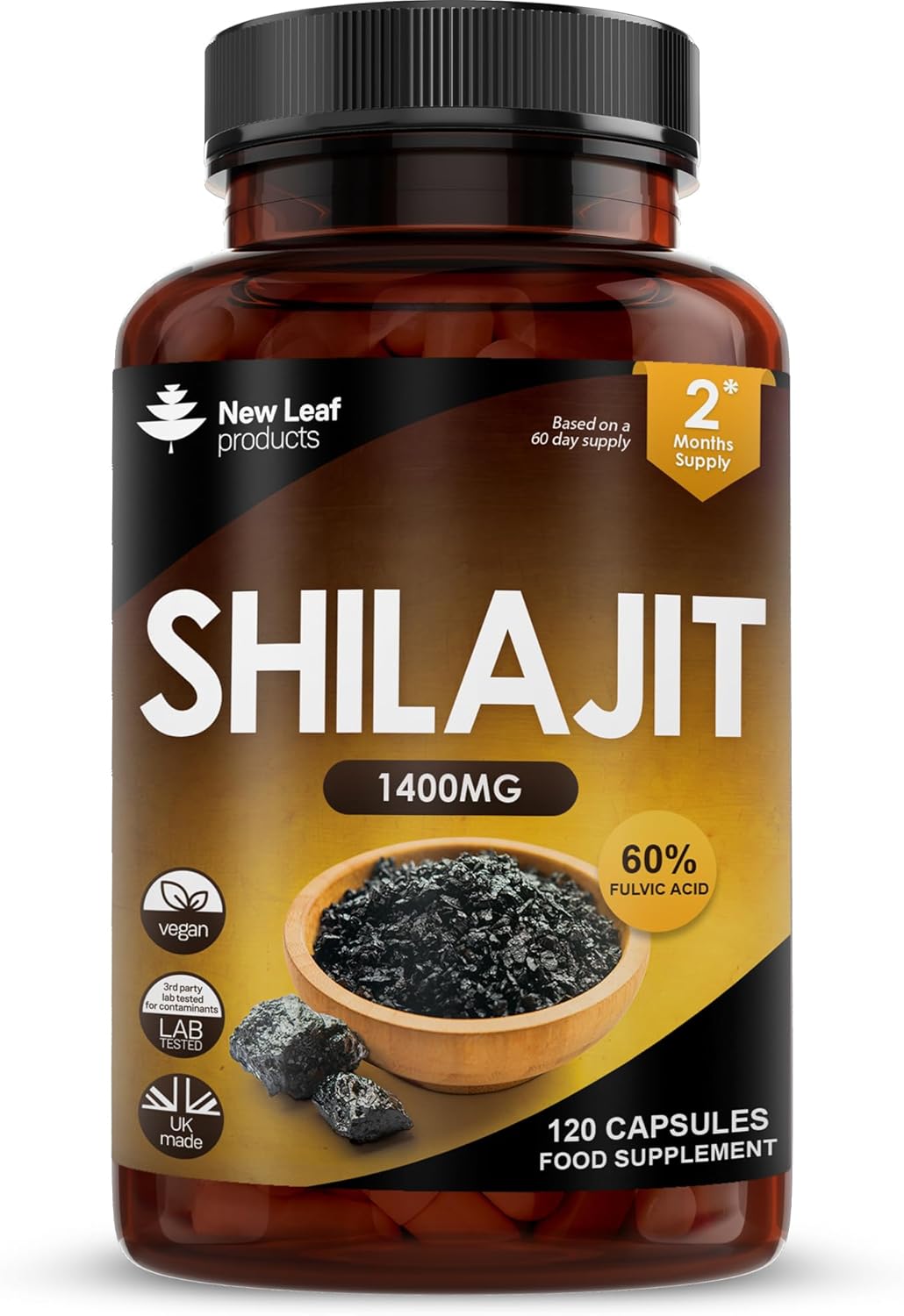 Shilajit Capsules 1400mg 60% Fulvic Acid Pure Shilajit - High Strength Himilayan Shilajit, 2 Months Supply Shalajit Resin - Made in The UK Shilajit Supplement by New Leaf 120 Capsules-0