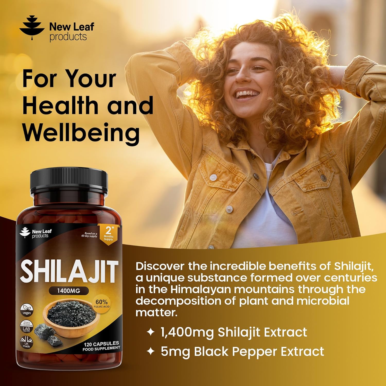 Shilajit Capsules 1400mg 60% Fulvic Acid Pure Shilajit - High Strength Himilayan Shilajit, 2 Months Supply Shalajit Resin - Made in The UK Shilajit Supplement by New Leaf 120 Capsules-2