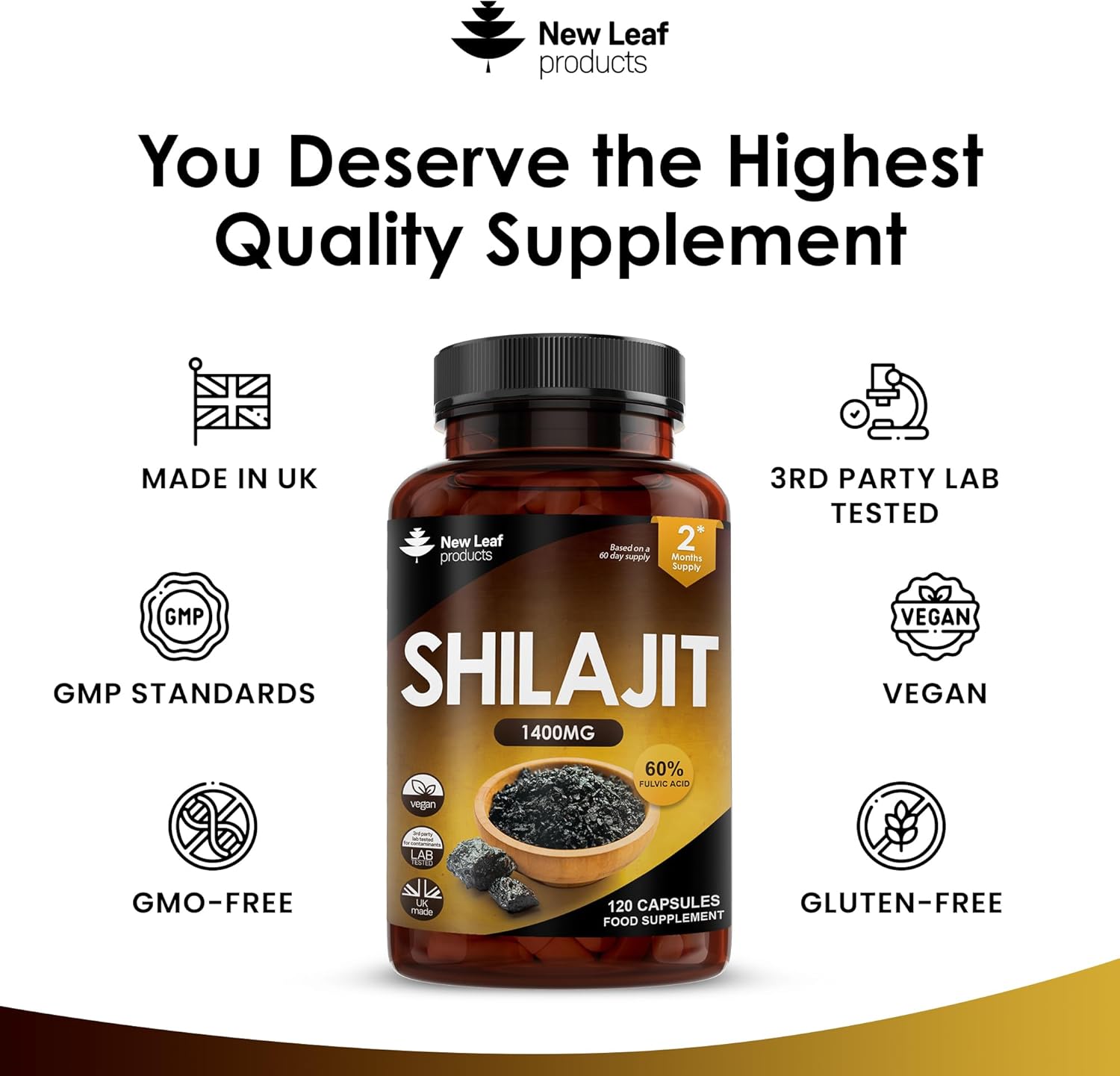 Shilajit Capsules 1400mg 60% Fulvic Acid Pure Shilajit - High Strength Himilayan Shilajit, 2 Months Supply Shalajit Resin - Made in The UK Shilajit Supplement by New Leaf 120 Capsules-3