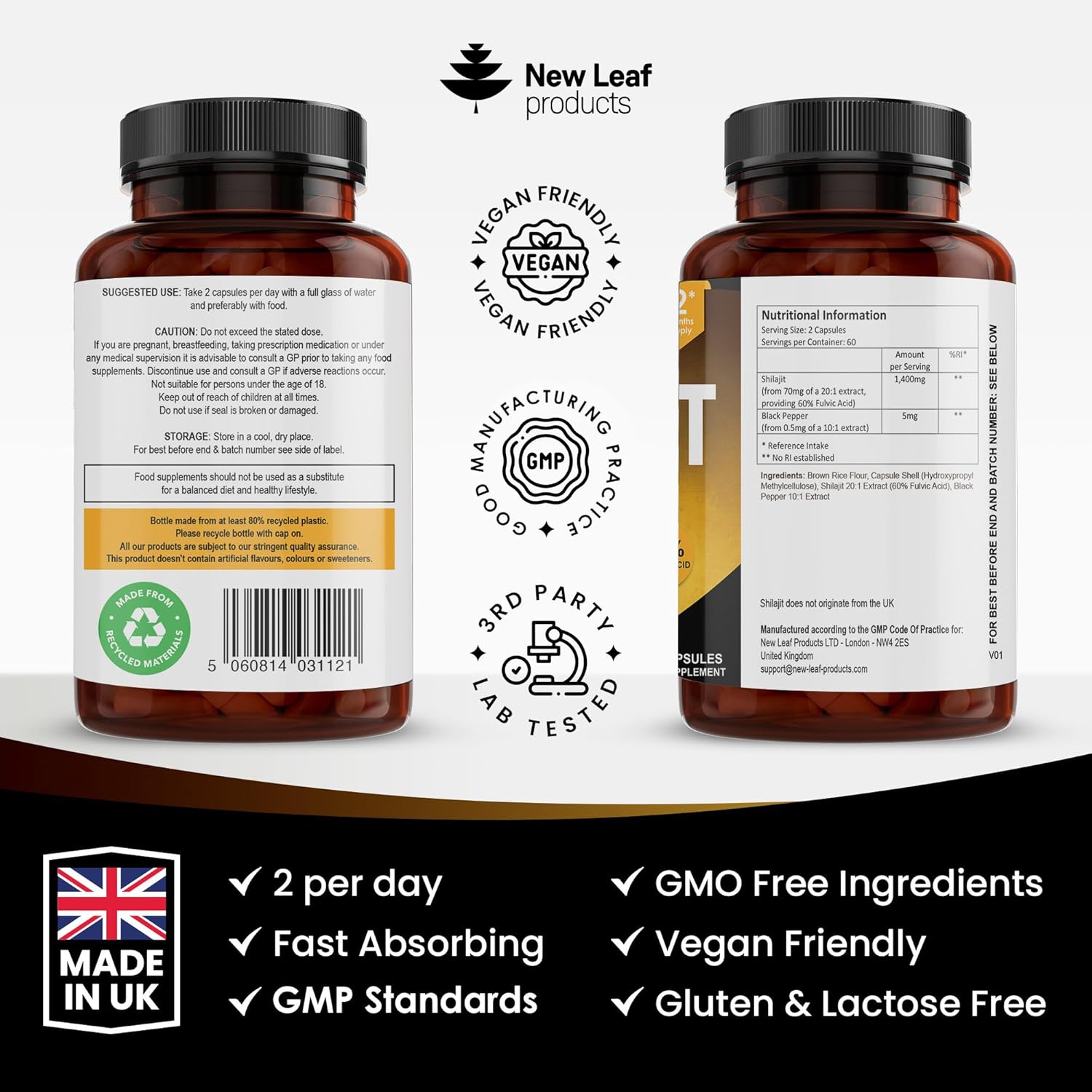 Shilajit Capsules 1400mg 60% Fulvic Acid Pure Shilajit - High Strength Himilayan Shilajit, 2 Months Supply Shalajit Resin - Made in The UK Shilajit Supplement by New Leaf 120 Capsules-5