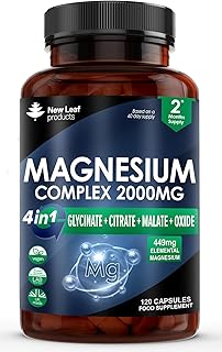 Magnesium Glycinate 4-in-1 Complex 2000mg - 449mg Elemental Magnesium High Strength Magnesium Supplements - Magnesium Bisglycinate,Citrate, Malate, Oxide - 120 Capsules - Vegan UK Made by New Leaf