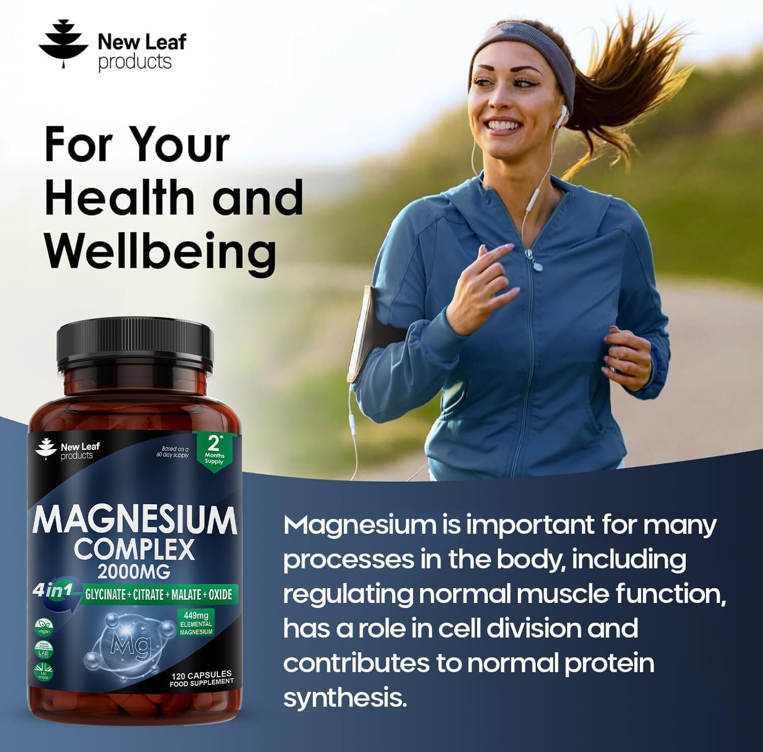 Magnesium Glycinate 4-in-1 Complex 2000mg - 449mg Elemental Magnesium High Strength Magnesium Supplements - Magnesium Bisglycinate,Citrate, Malate, Oxide - 120 Capsules - Vegan UK Made by New Leaf-3