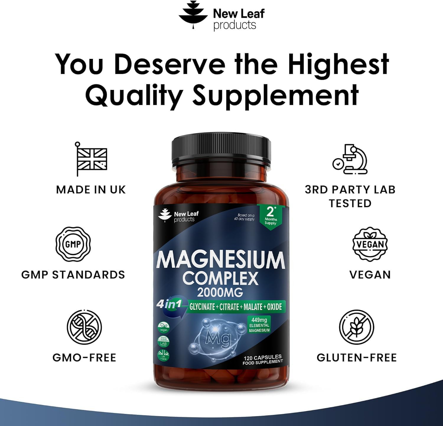 Magnesium Glycinate 4-in-1 Complex 2000mg - 449mg Elemental Magnesium High Strength Magnesium Supplements - Magnesium Bisglycinate,Citrate, Malate, Oxide - 120 Capsules - Vegan UK Made by New Leaf-4