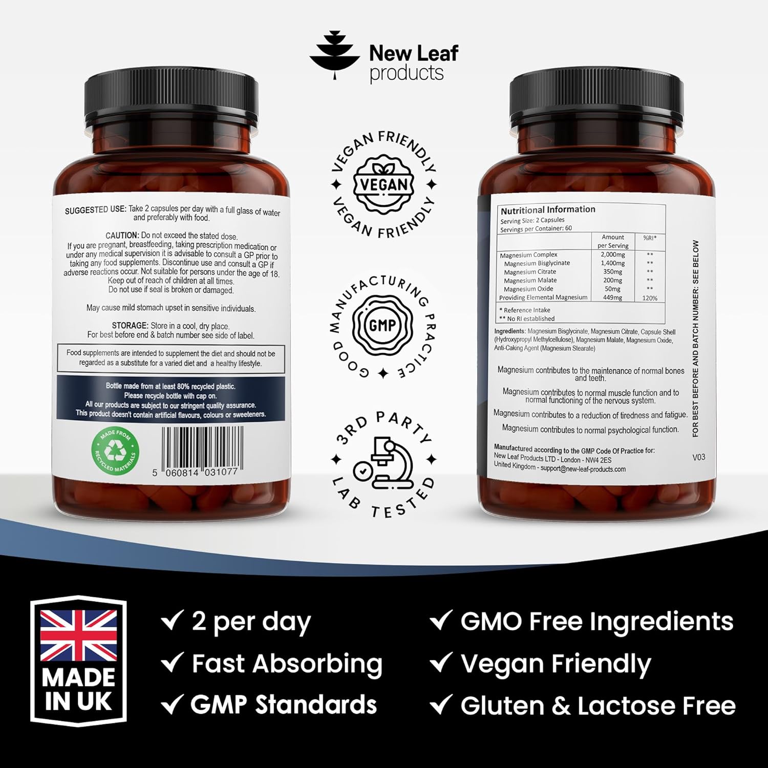 Magnesium Glycinate 4-in-1 Complex 2000mg - 449mg Elemental Magnesium High Strength Magnesium Supplements - Magnesium Bisglycinate,Citrate, Malate, Oxide - 120 Capsules - Vegan UK Made by New Leaf-6