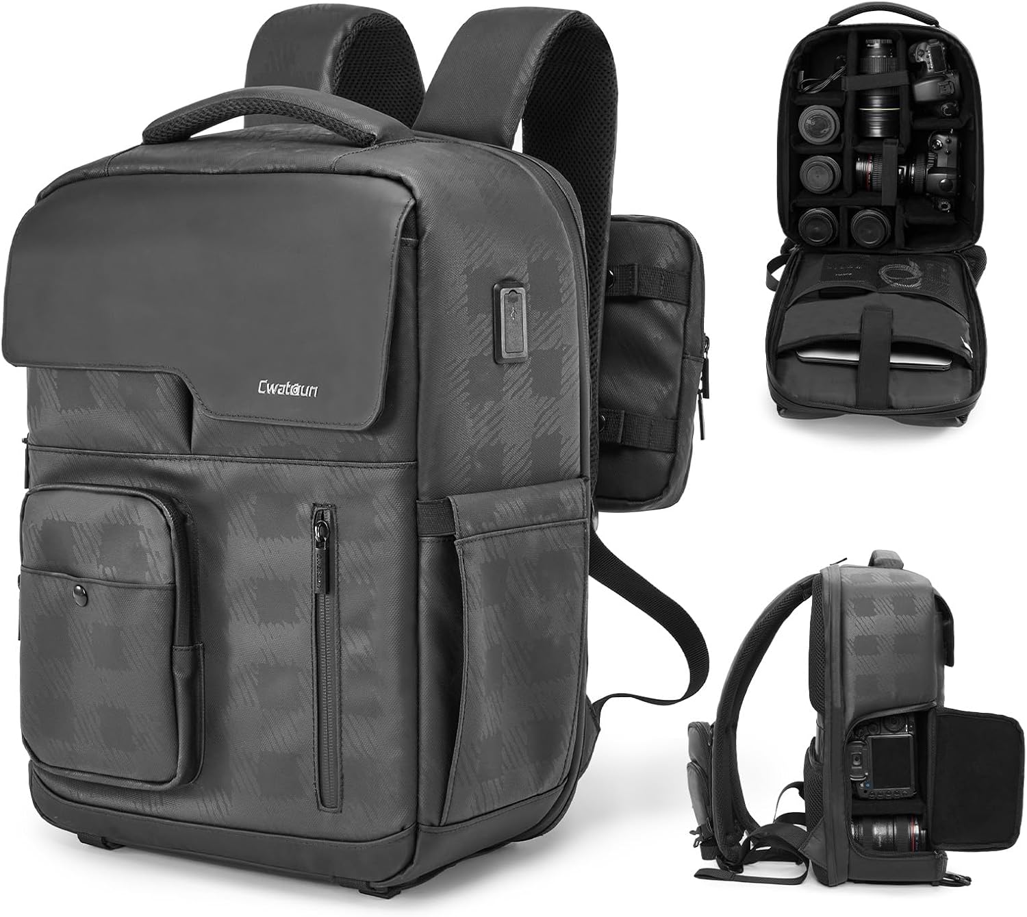 Cwatcun Camera Backpack, DSLR/SLR Camera Bag, 15.6 inch Laptop Compartment, USB Charging Port, Tripod Holder, Compatible with Sony Canon Nikon Waterproof Camera Case (Black, Large)-0