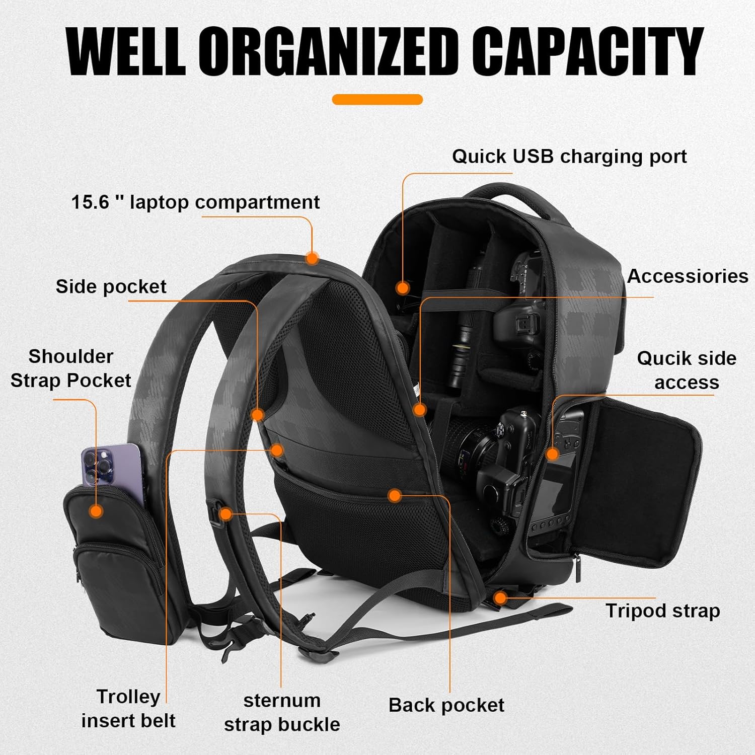 Cwatcun Camera Backpack, DSLR/SLR Camera Bag, 15.6 inch Laptop Compartment, USB Charging Port, Tripod Holder, Compatible with Sony Canon Nikon Waterproof Camera Case (Black, Large)-1