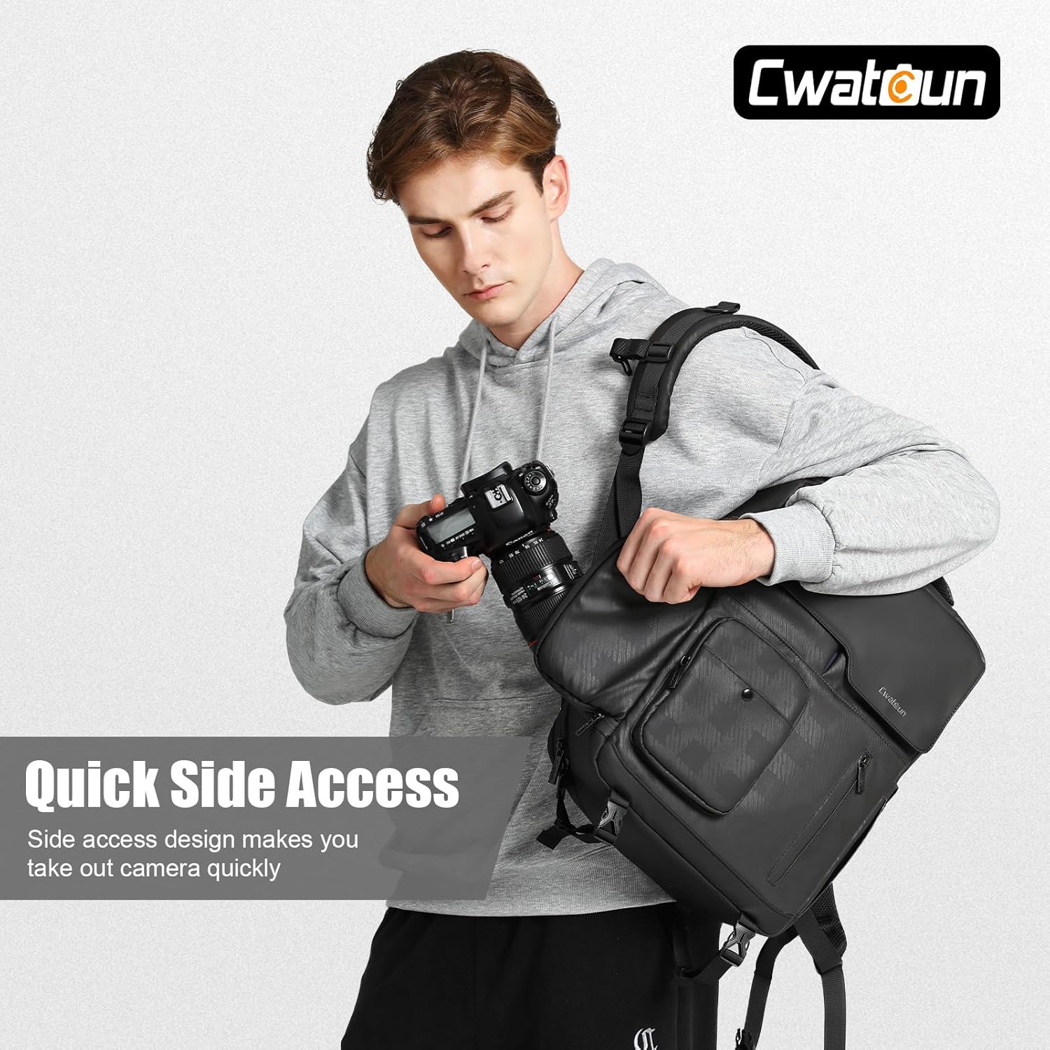 Cwatcun Camera Backpack, DSLR/SLR Camera Bag, 15.6 inch Laptop Compartment, USB Charging Port, Tripod Holder, Compatible with Sony Canon Nikon Waterproof Camera Case (Black, Large)-3