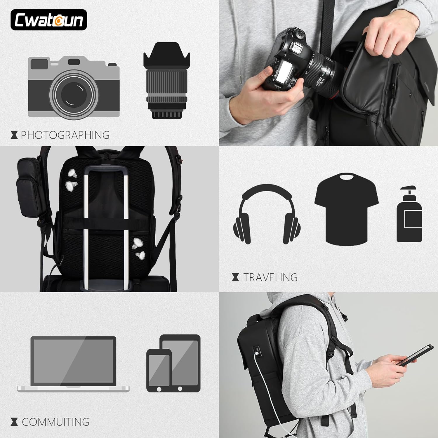 Cwatcun Camera Backpack, DSLR/SLR Camera Bag, 15.6 inch Laptop Compartment, USB Charging Port, Tripod Holder, Compatible with Sony Canon Nikon Waterproof Camera Case (Black, Large)-5