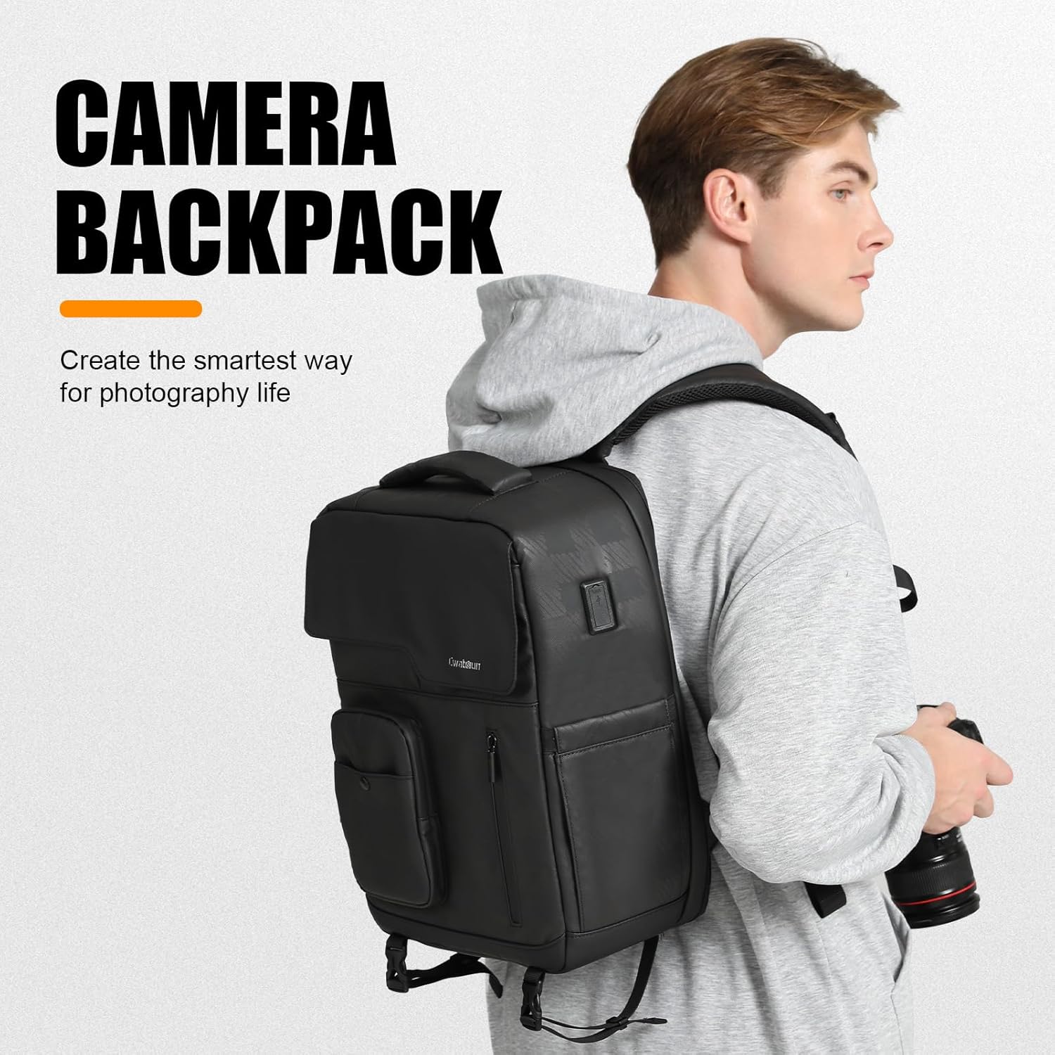 Cwatcun Camera Backpack, DSLR/SLR Camera Bag, 15.6 inch Laptop Compartment, USB Charging Port, Tripod Holder, Compatible with Sony Canon Nikon Waterproof Camera Case (Black, Large)-7