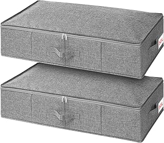 Huquter Underbed Storage Boxes with Lids 50L, 2 Pack Under Bed Storage Boxes with Side & Bottom Support & 3 Handles, Foldable Fabric Storage Under Bed for Comforters Beddings Blankets, 76x38x17cm