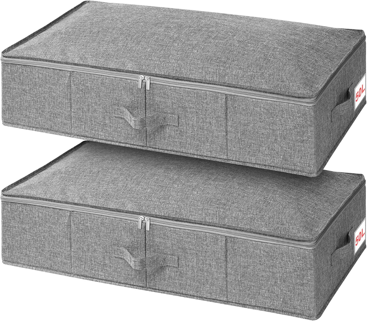 Huquter Underbed Storage Boxes with Lids 50L, 2 Pack Under Bed Storage Boxes with Side & Bottom Support & 3 Handles, Foldable Fabric Storage Under Bed for Comforters Beddings Blankets, 76x38x17cm-0