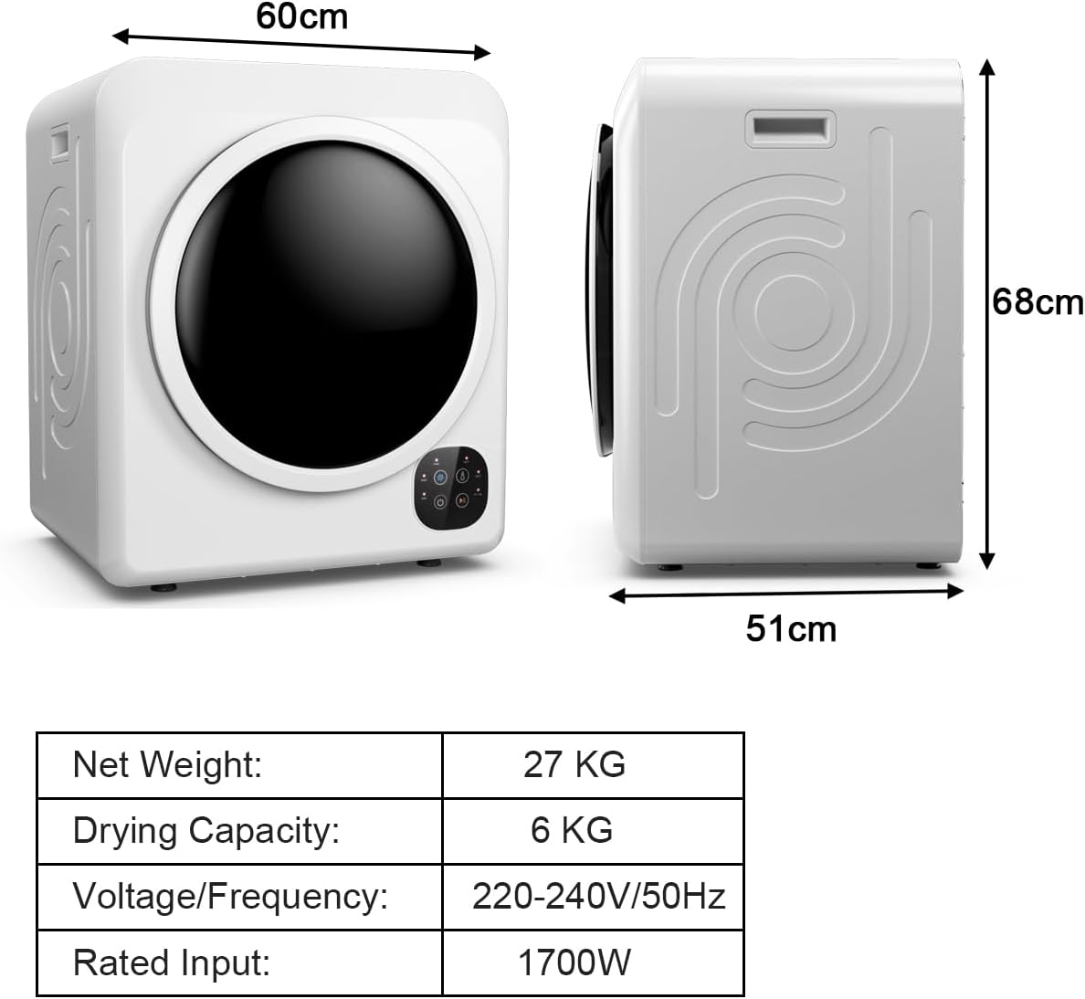 TANGZON 6KG Vented Tumble Dryer, 1700W Compact Tumble Dryers with 3 Heat Settings/Modes, Digital Display, Stainless Steel Tub & Filtering Device, Freestanding Front Load Portable Clothes Dryer Machine-6