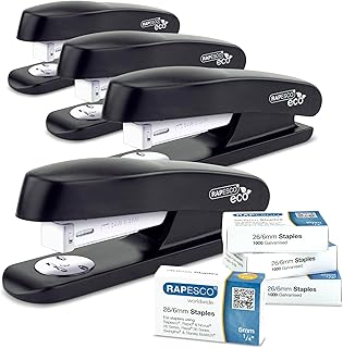 Rapesco 1756 Business Pack: 4 ECO Half Strip Staplers and 4 Boxes of 1000 26/6mm Staples, 20 Sheet Capacity, Black