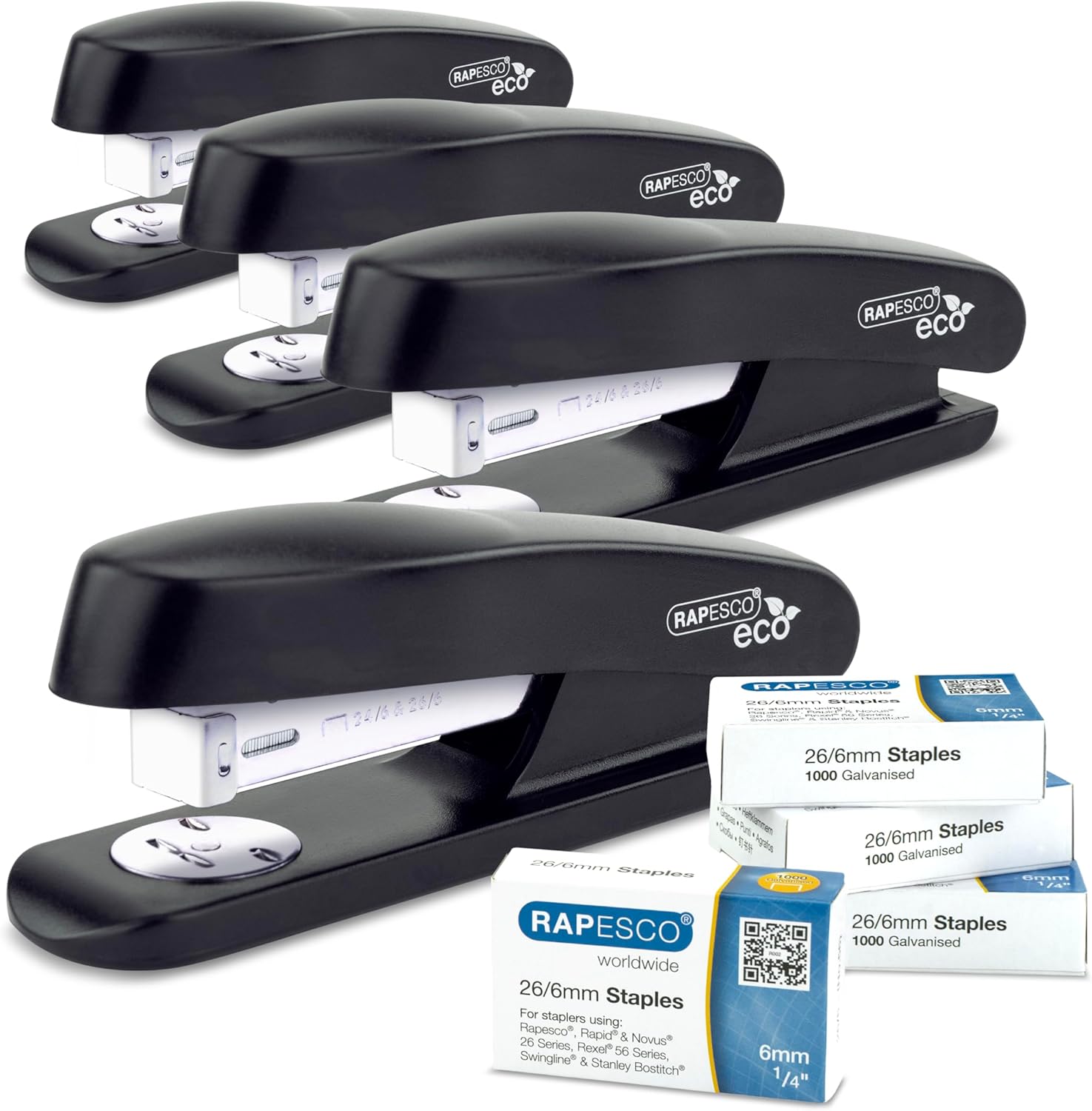 Rapesco 1756 Business Pack: 4 ECO Half Strip Staplers and 4 Boxes of 1000 26/6mm Staples, 20 Sheet Capacity, Black-0