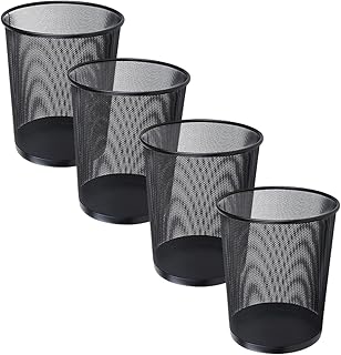 LOSYHU 4 Pack Metal Mesh Office Trash Can 12 Litres Mesh Wastepaper Basket Black Round Metal Waste Paper Bin Mesh Bin for Office, Bedroom, Bathroom, Kitchen