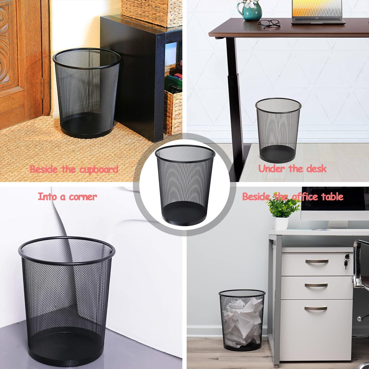 LOSYHU 4 Pack Metal Mesh Office Trash Can 12 Litres Mesh Wastepaper Basket Black Round Metal Waste Paper Bin Mesh Bin for Office, Bedroom, Bathroom, Kitchen-5