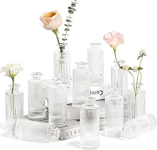 ComSaf Glass Bud Vases Set of 12, Small Bud Vase in Bulk, Mini flower vase for Centerpiece, Vintage Decorative Vase Set for Flowers, Wedding Reception, Christmas, Home Decor, Housewarming Gift (Clear)