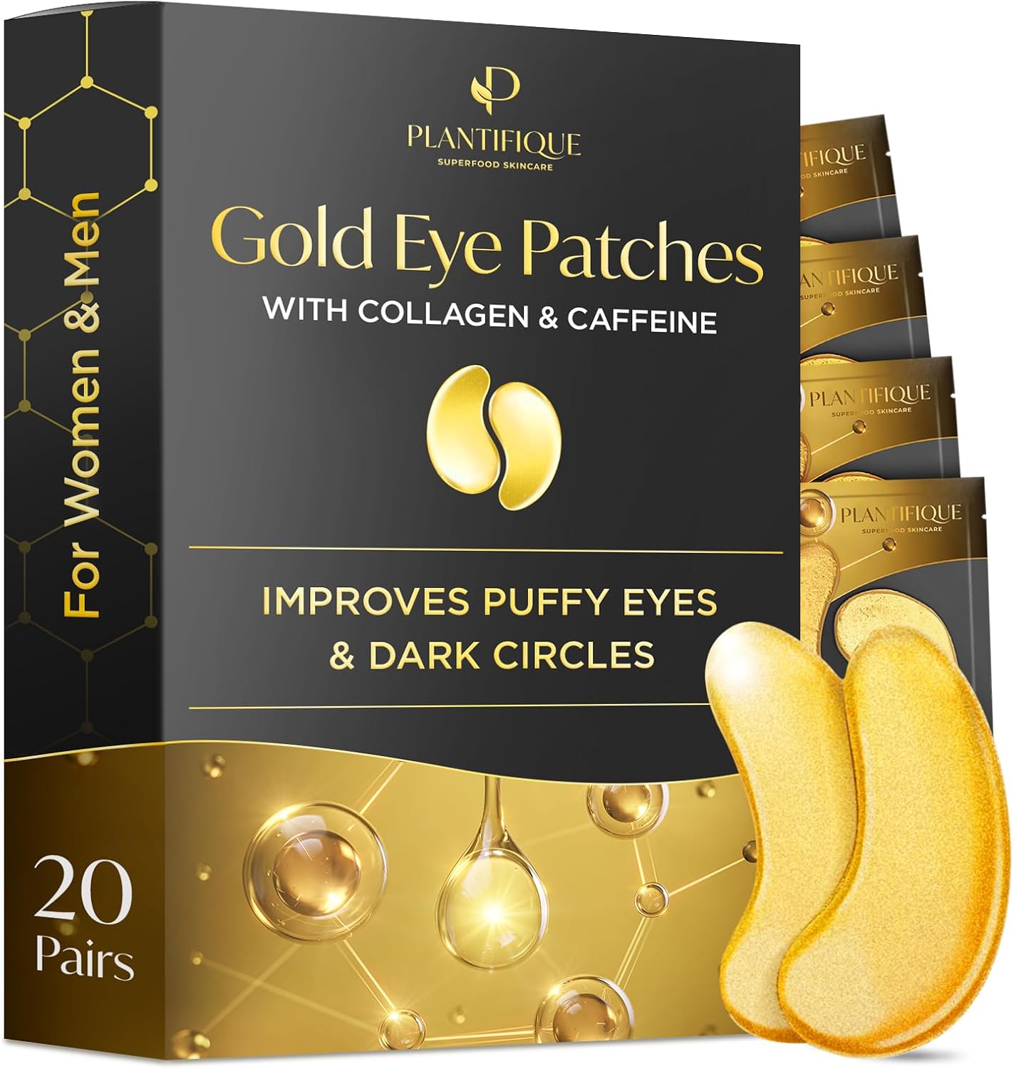 Plantifique Under Eye Gel Patches, 20 Pairs Gold Under Eye Patches for Dark Circles with Collagen & Caffeine, Cooling Eye Mask for Puffy Eyes and Bags, Gel Eye Pads, Under Eye Masks Skincare-0