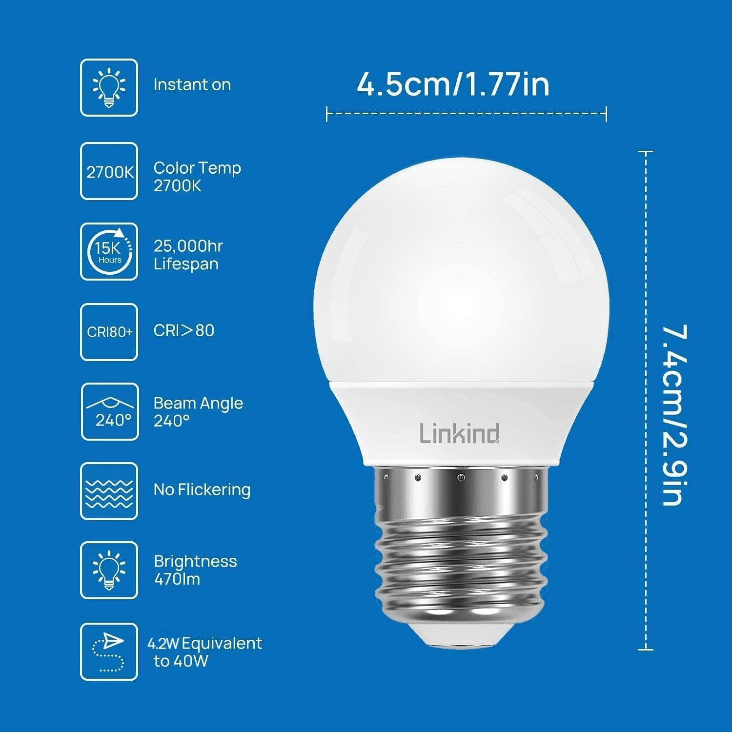 Linkind Dimmable E27 Screw LED Bulbs, 4.2W G45/P45 Golf Ball Mini Bulbs, 2700K Warm White, 40W Equivalent, 470lm, AC220-240V,Pack of 3-3