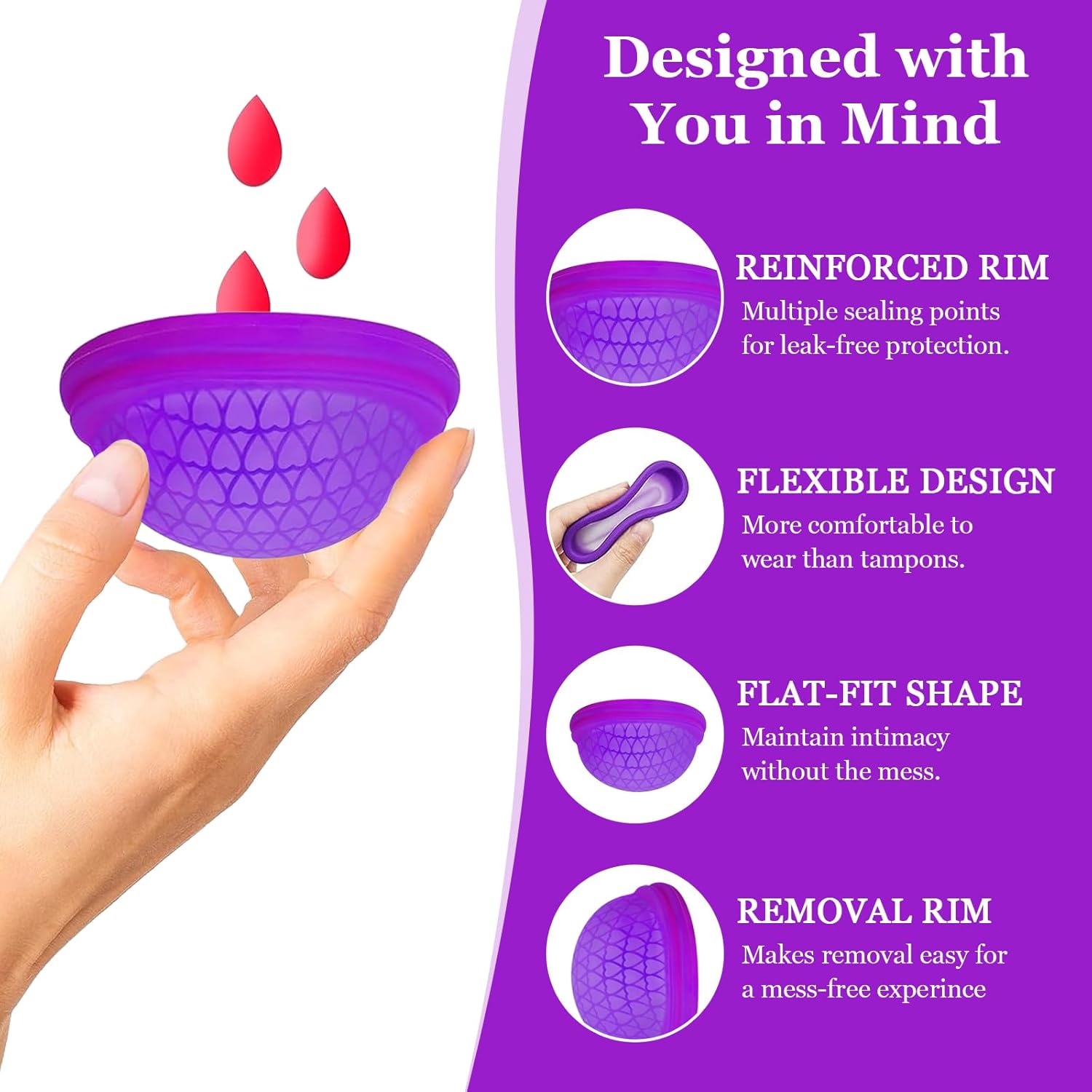 INBOLM 2 Pack Menstrual Discs,Reusable Period Cups Medical-Grade Silicone Flat-Fit Cup Moon Cup,Alternative to Tampons,Petal Thin and Ultra Comfortable for Women,Sizes S + L with Silicone Case-3