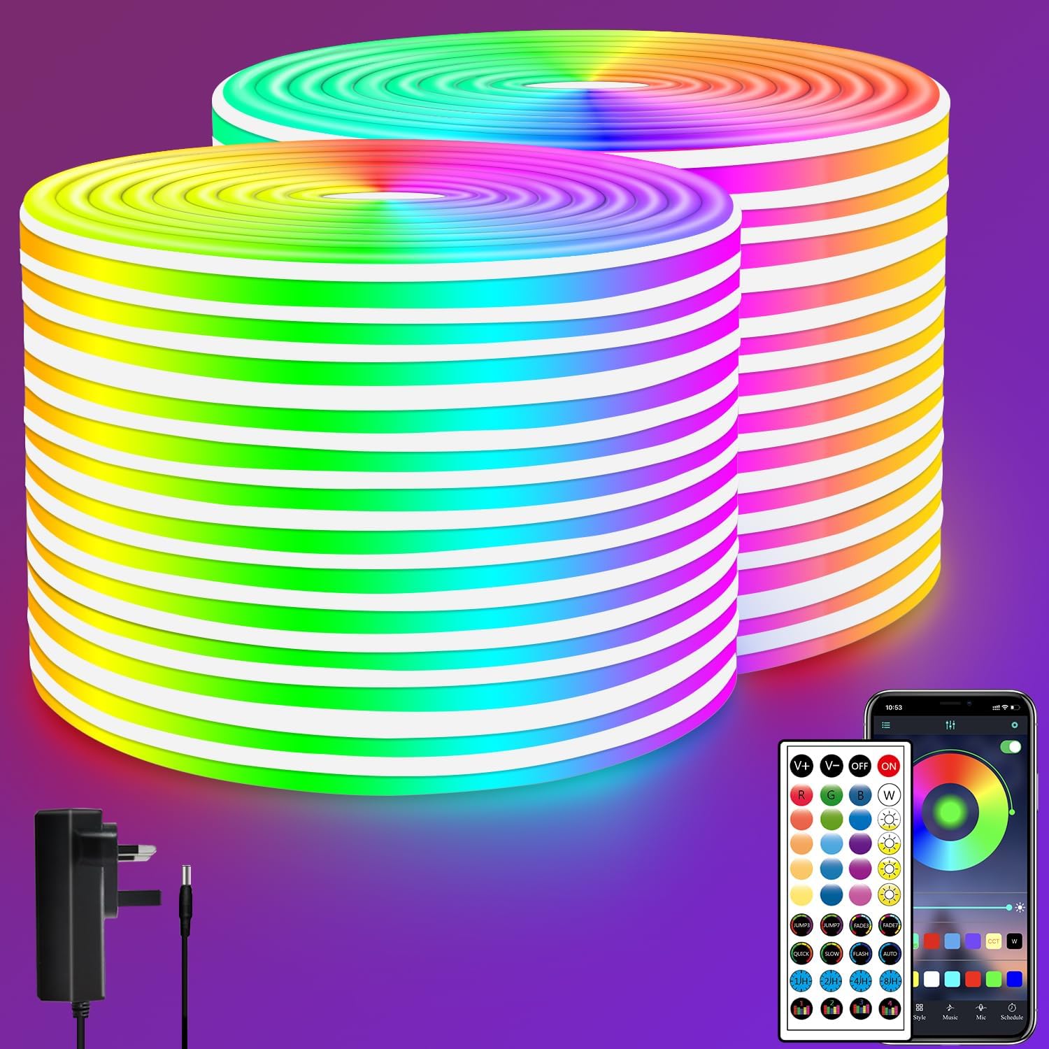 segrass LED neon Lights Strip 30M with Remote,APP Control,24v RGB LED neon Light Strip IP65 Waterproof Flexible Neon LED Strip Lights for Bedroom,Room,Outdoors Decor(2 Rolls of 50ft)-0