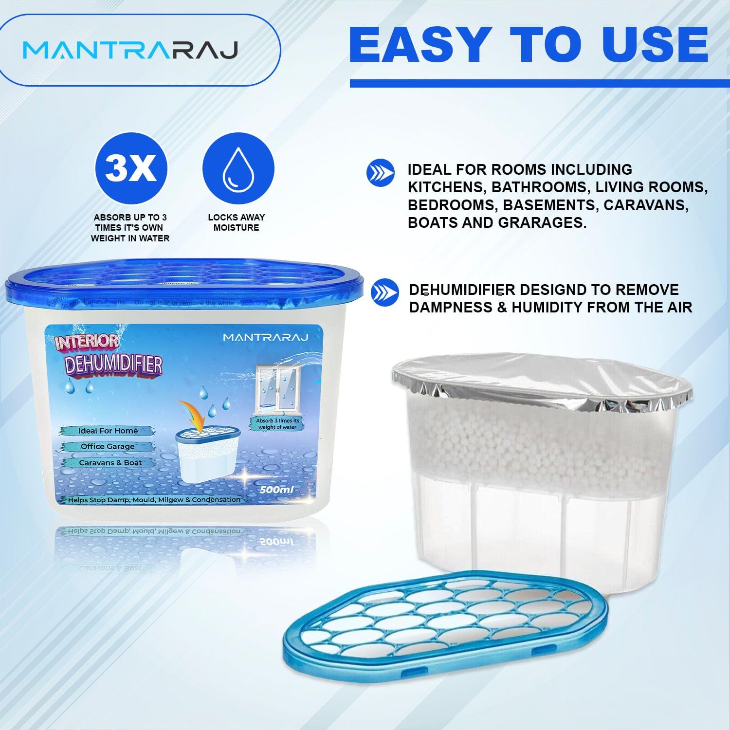 MantraRaj 500ml Interior Dehumidifier Disposable Pack Of 12 Moisture Absorber Dehumidifiers for Damp, Mould, Moisture in Home, Kitchen, Wardrobe, Bedroom, Caravan, Office, Garage, Bathroom, Basement-3