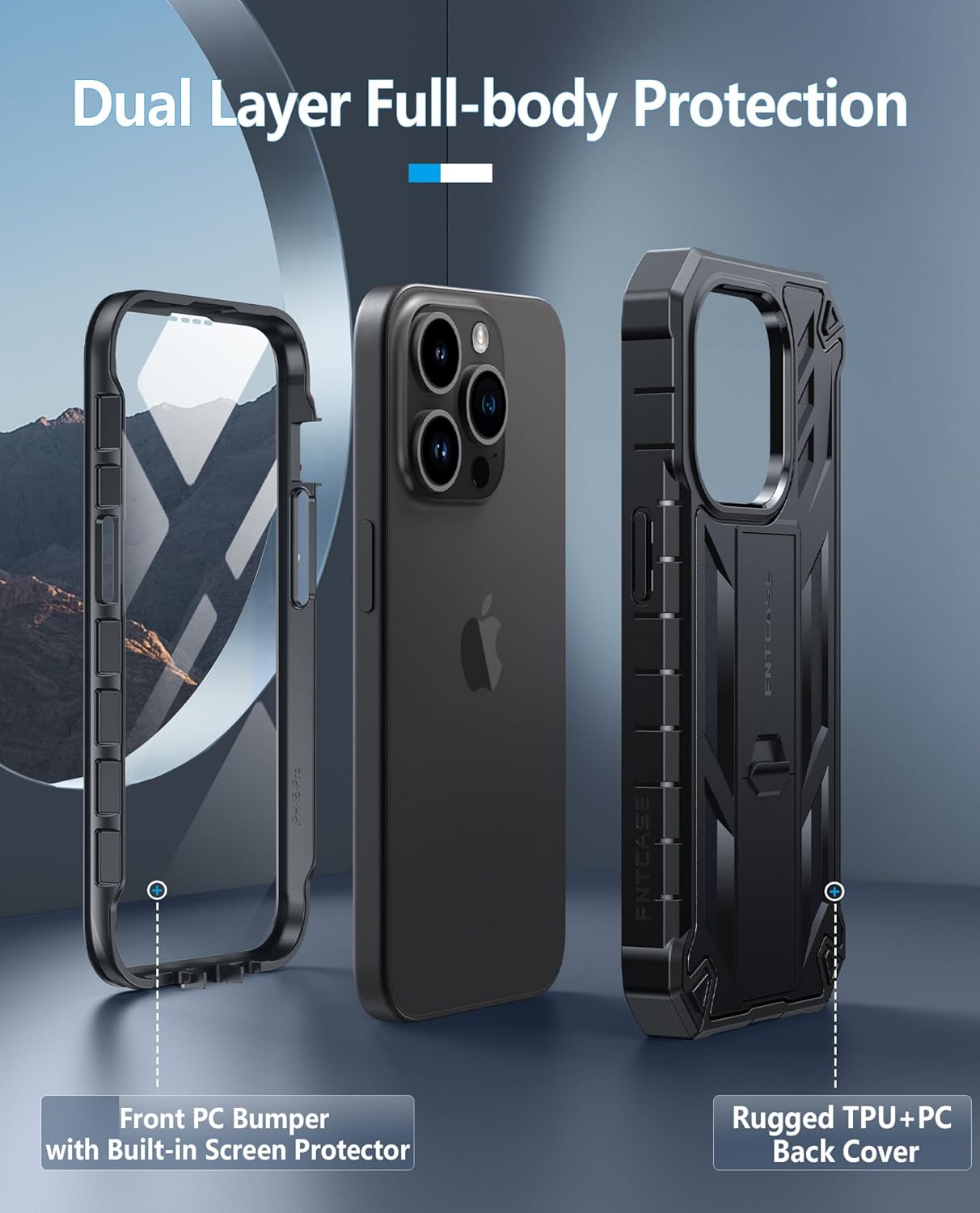 FNTCASE for iPhone 15 Pro Case: Military Grade Protective Cover with Kickstand Dual Layer Matte Shockproof Phone Case for iPhone 15 Pro 6.1 Inch (A-Black)-5