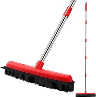 Mitclear Rubber Broom with Long Handle(60IN), Indoor Floor Brush with Built in Squeegee(13IN), 2 in 1 Carpet Sweeper, Pet Cat Dog Hair Remover from Flooring Rug, Soft Broom Indoor