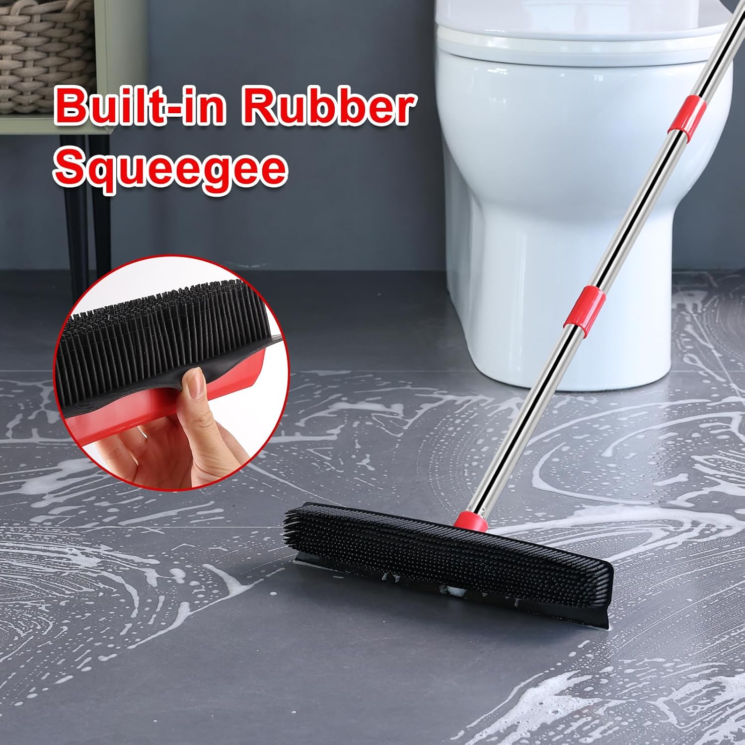 Mitclear Rubber Broom with Long Handle(60IN), Indoor Floor Brush with Built in Squeegee(13IN), 2 in 1 Carpet Sweeper, Pet Cat Dog Hair Remover from Flooring Rug, Soft Broom Indoor-5